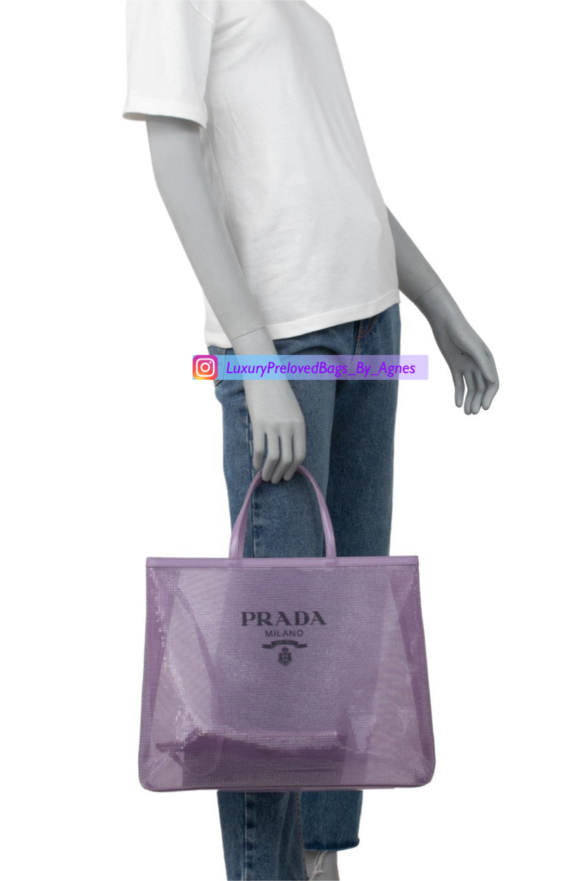 Prada Mesh Paillettes Spazzolato Logo Shopping Tote Lilium