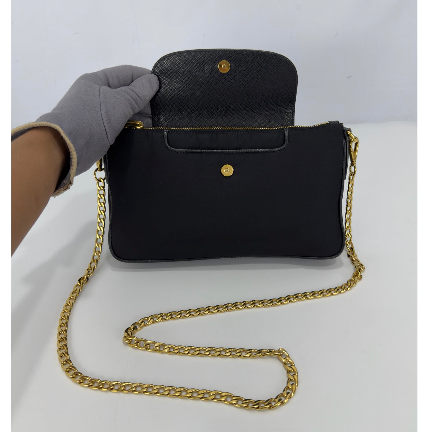 Prada Black Tessuto Nylon Saffiano Chain Crossbody Bag