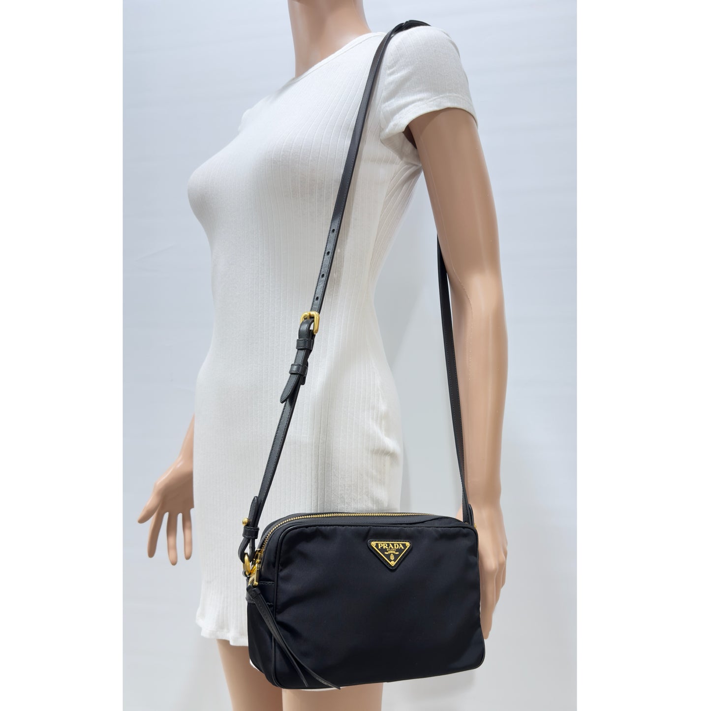 Prada Black Nylon/Leather Zip-Top Camera Crossbody Bag 1BH085