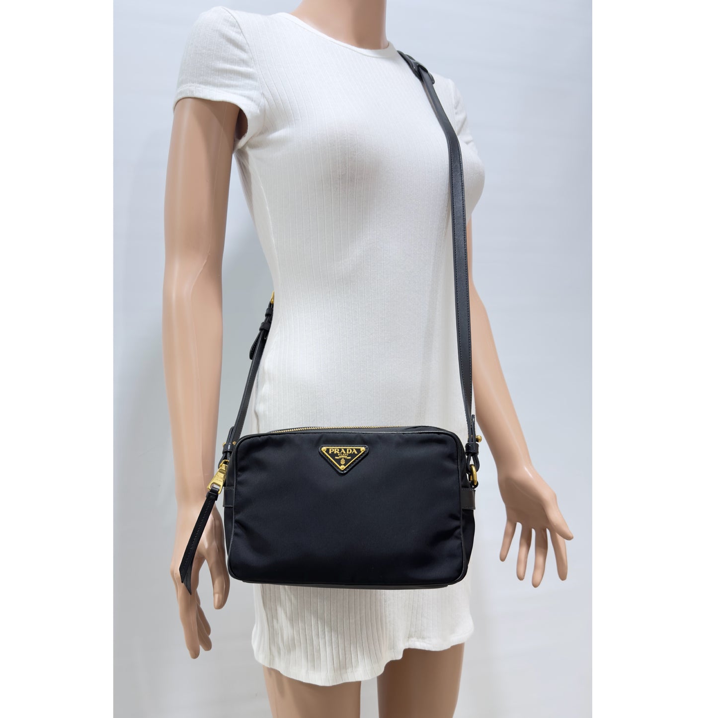 Prada Black Nylon/Leather Zip-Top Camera Crossbody Bag 1BH085