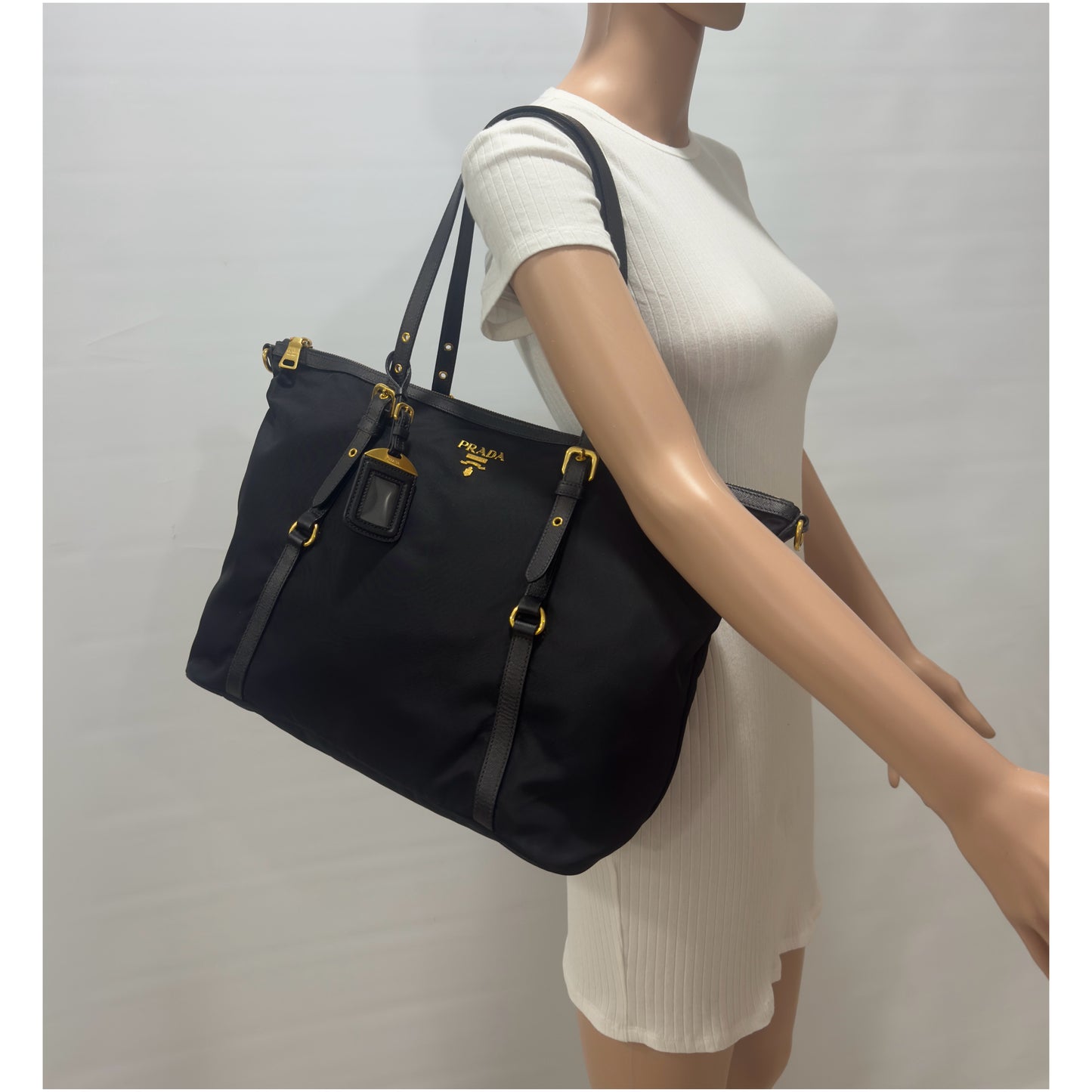 Prada Black Tessuto Nylon And Saffiano Leather Tote Bag