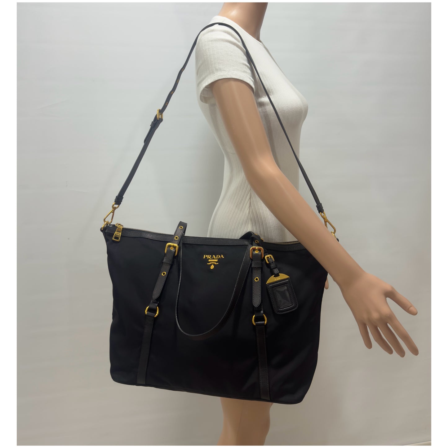 Prada Black Tessuto Nylon And Saffiano Leather Tote Bag