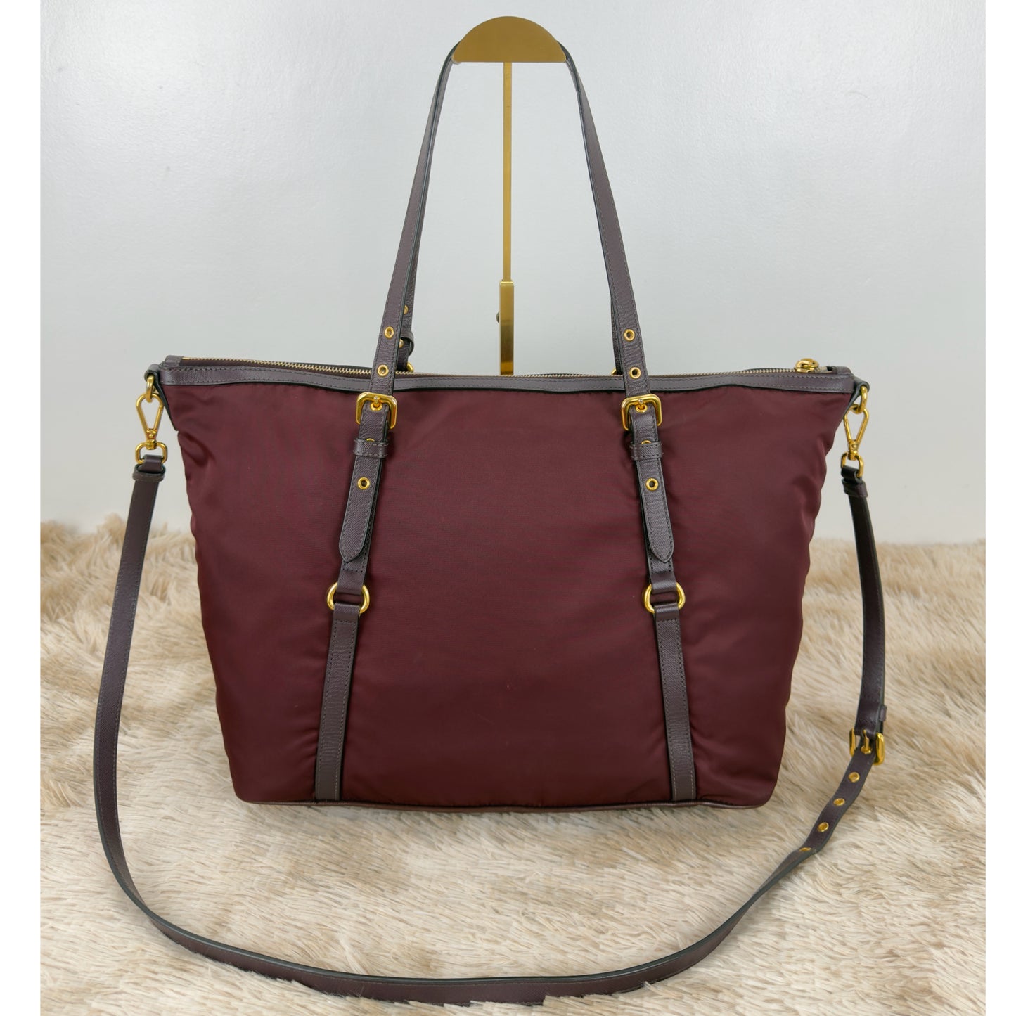 Prada Tessuto Nylon and Saffiano Leather Tote Bag In Burgundy