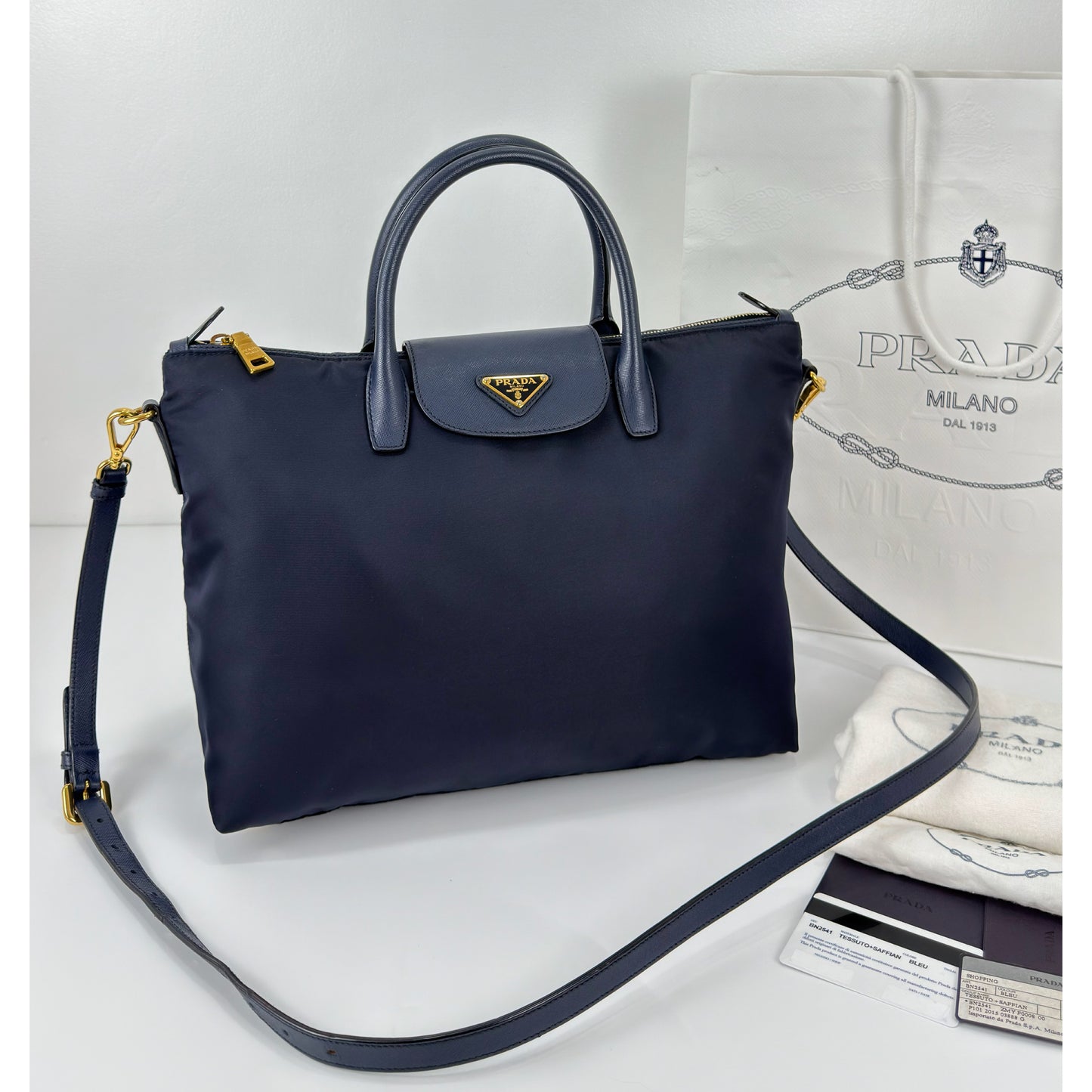Prada Blue Tessuto Nylon And Saffiano
Leather Tote Bag BN2541