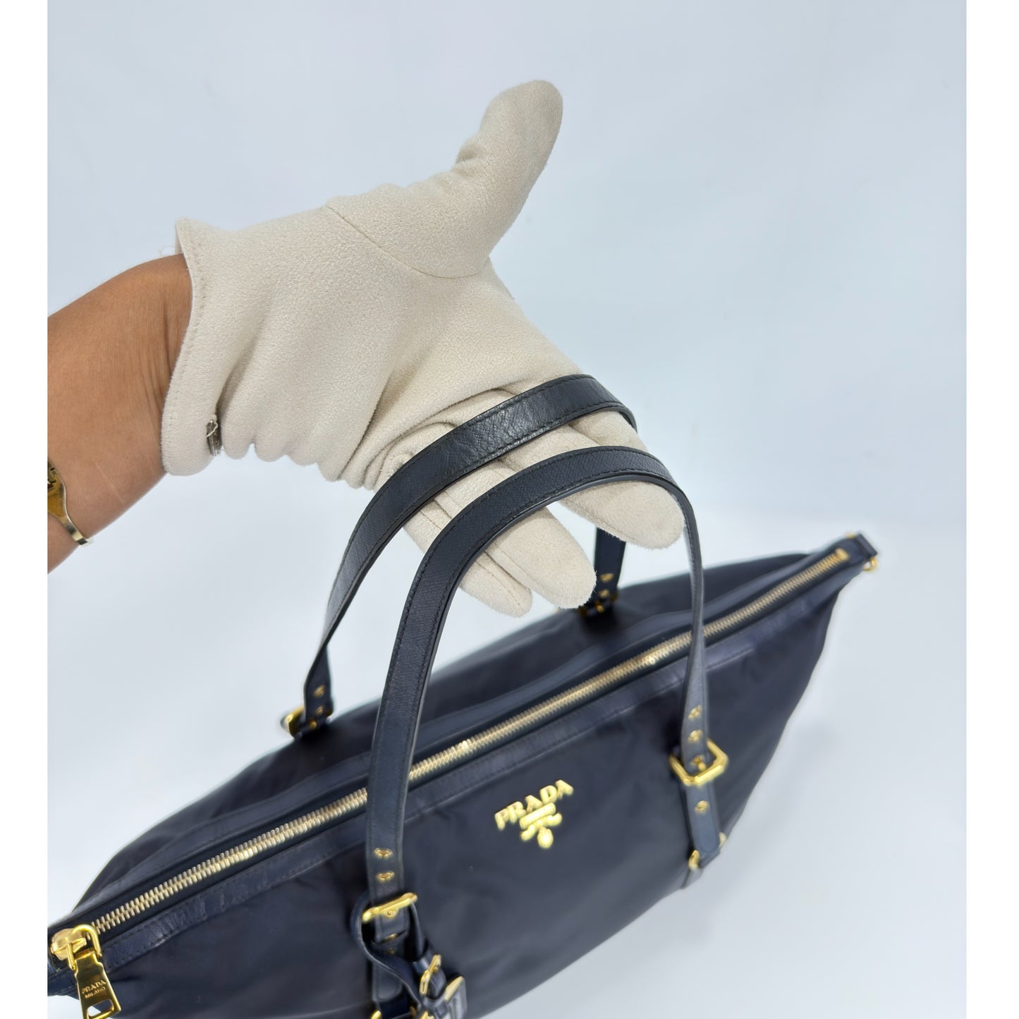 Prada Navy Blue Tessuto Nylon And Saffiano Leather Tote Bag