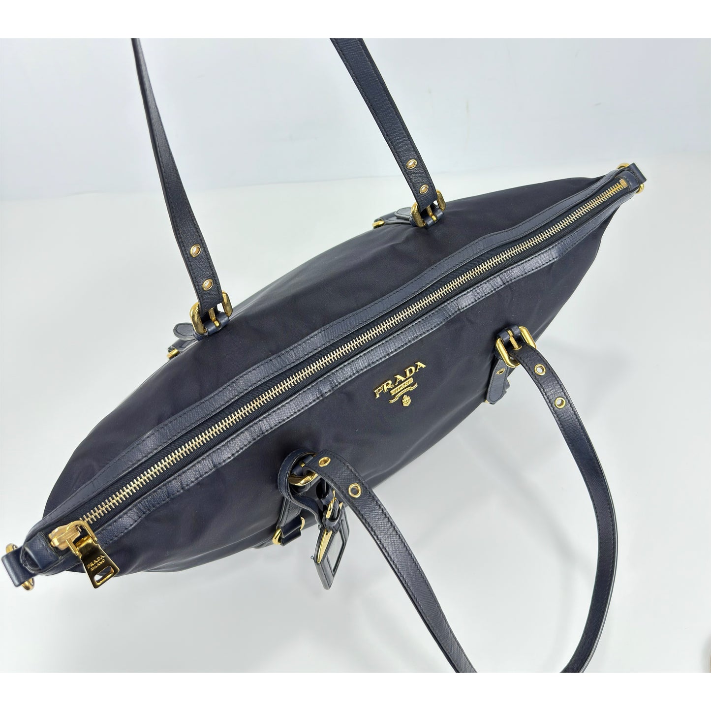 Prada Navy Blue Tessuto Nylon And Saffiano Leather Tote Bag