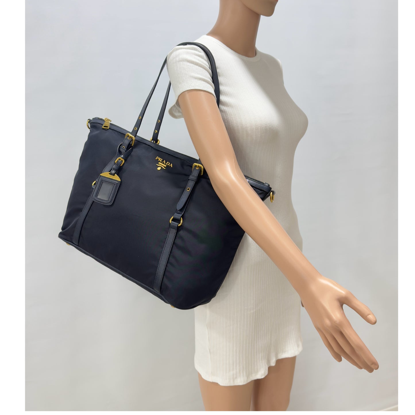Prada Navy Blue Tessuto Nylon And Saffiano Leather Tote Bag