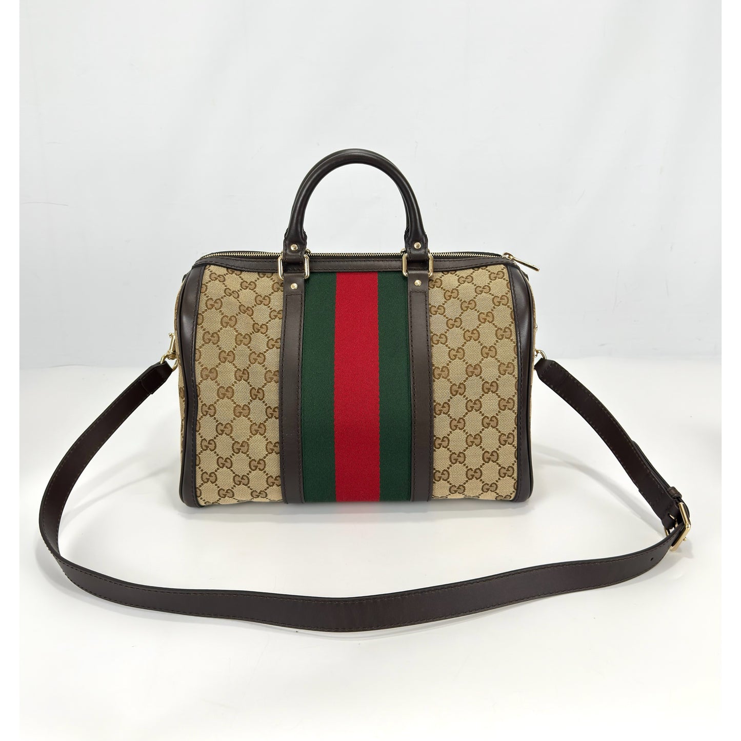 Gucci Brown Monogram Canvas Web Boston Bag