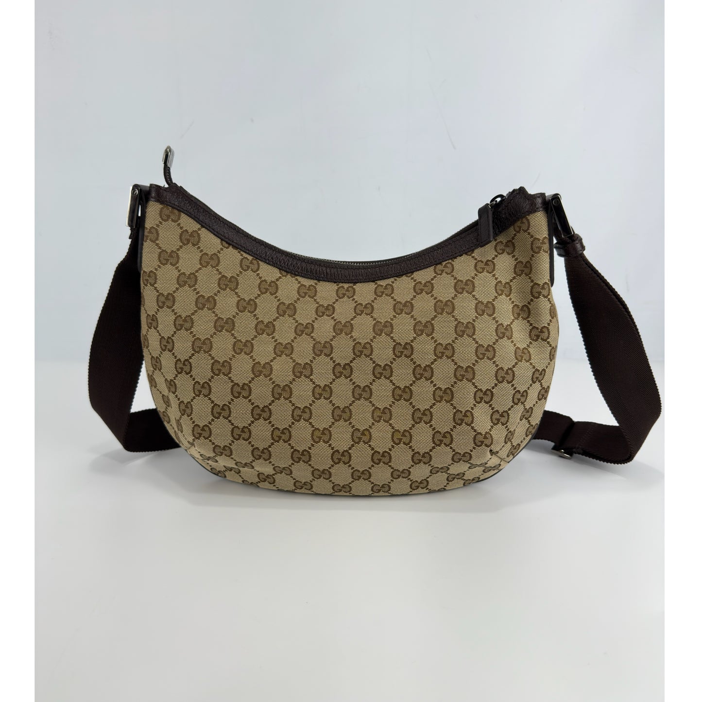 Gucci Monogram Medium Half Moon Hobo Dark Brown