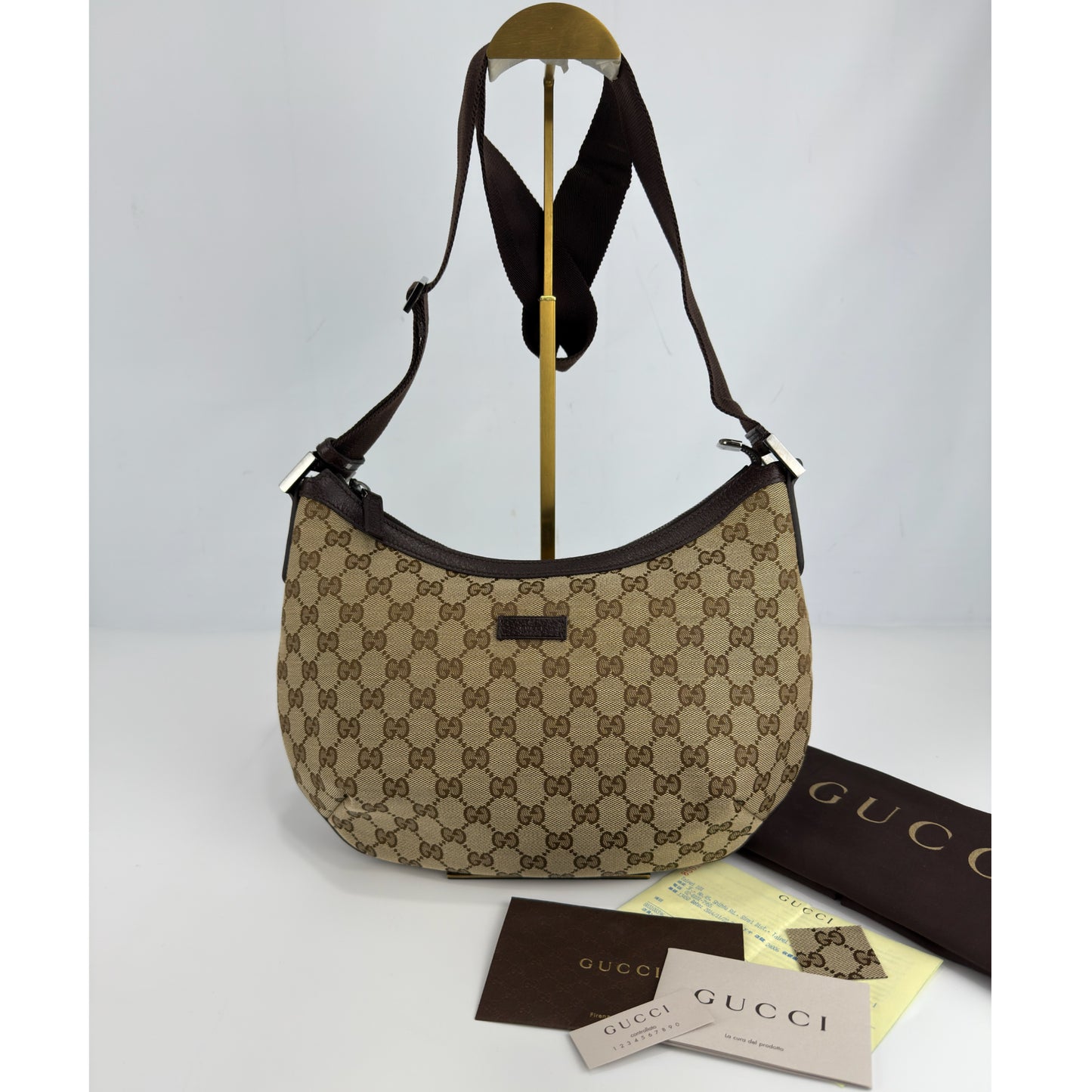 Gucci Monogram Medium Half Moon Hobo Dark Brown