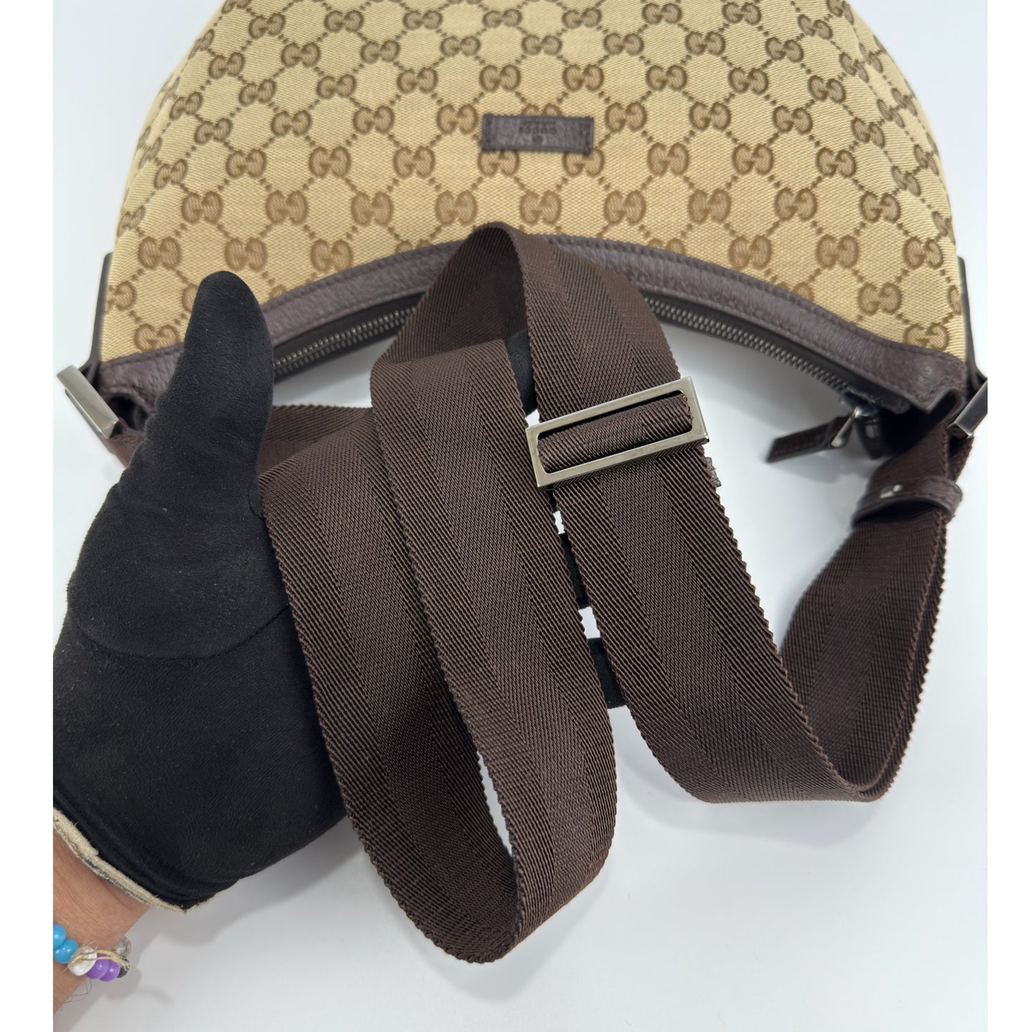 Gucci Monogram Medium Half Moon Hobo Dark Brown