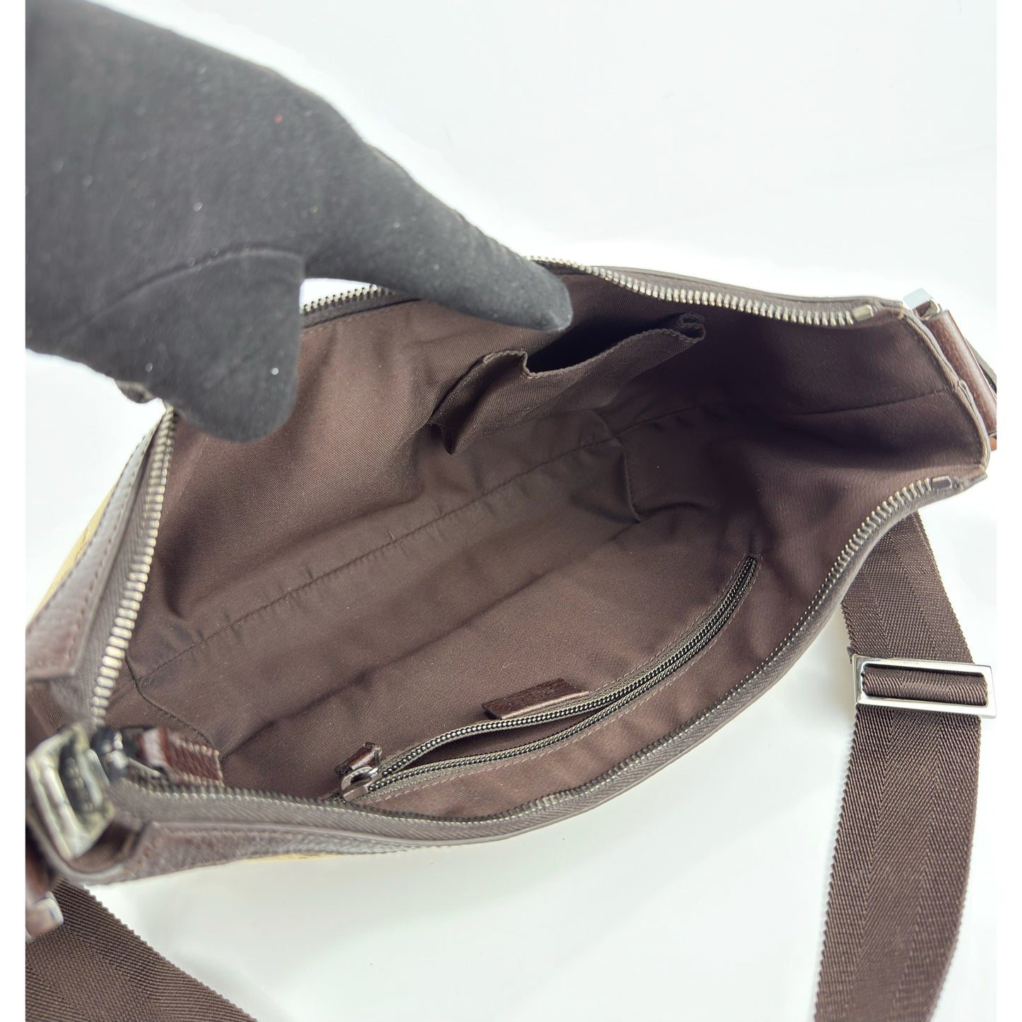 Gucci Monogram Medium Half Moon Hobo Dark Brown