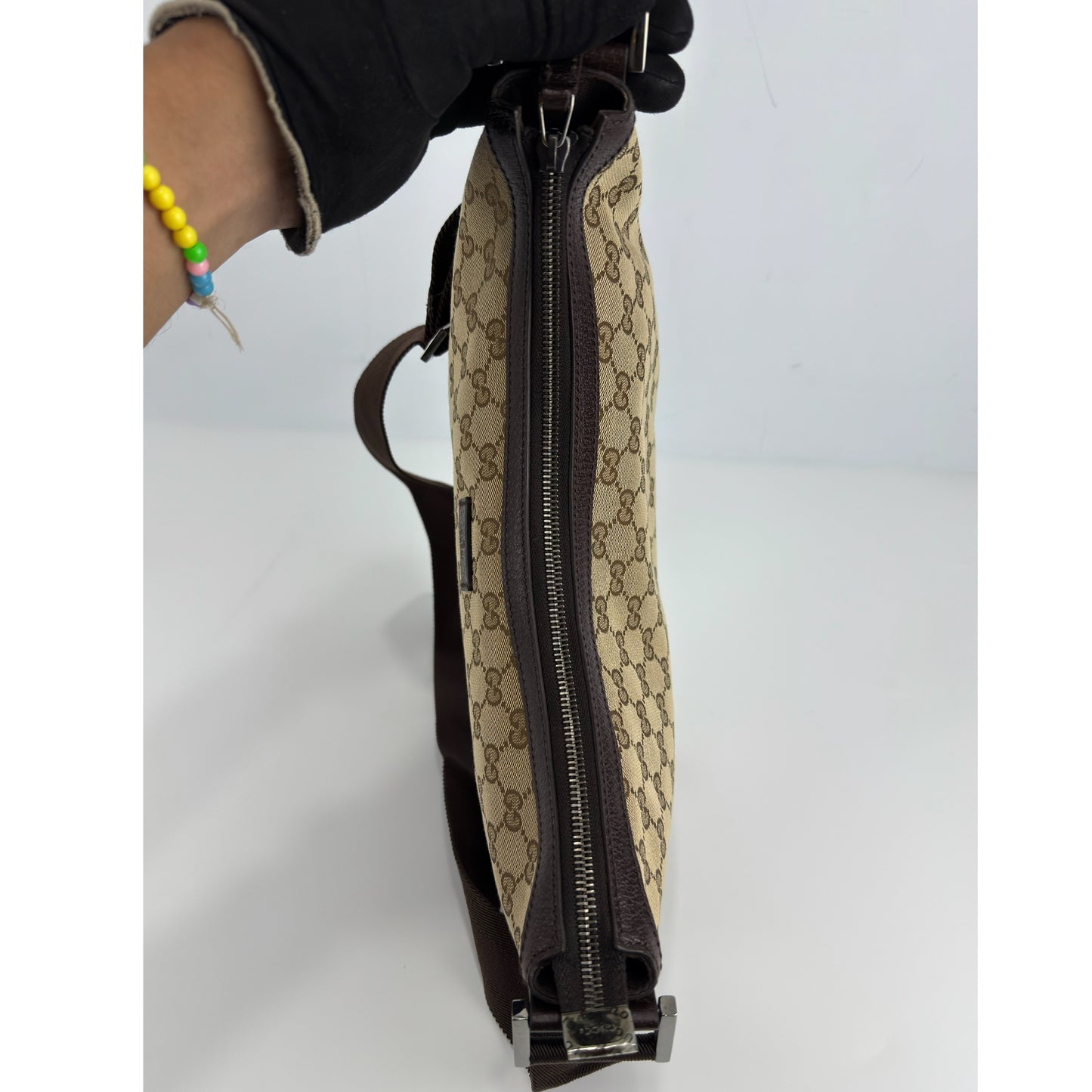 Gucci Monogram Medium Half Moon Hobo Dark Brown