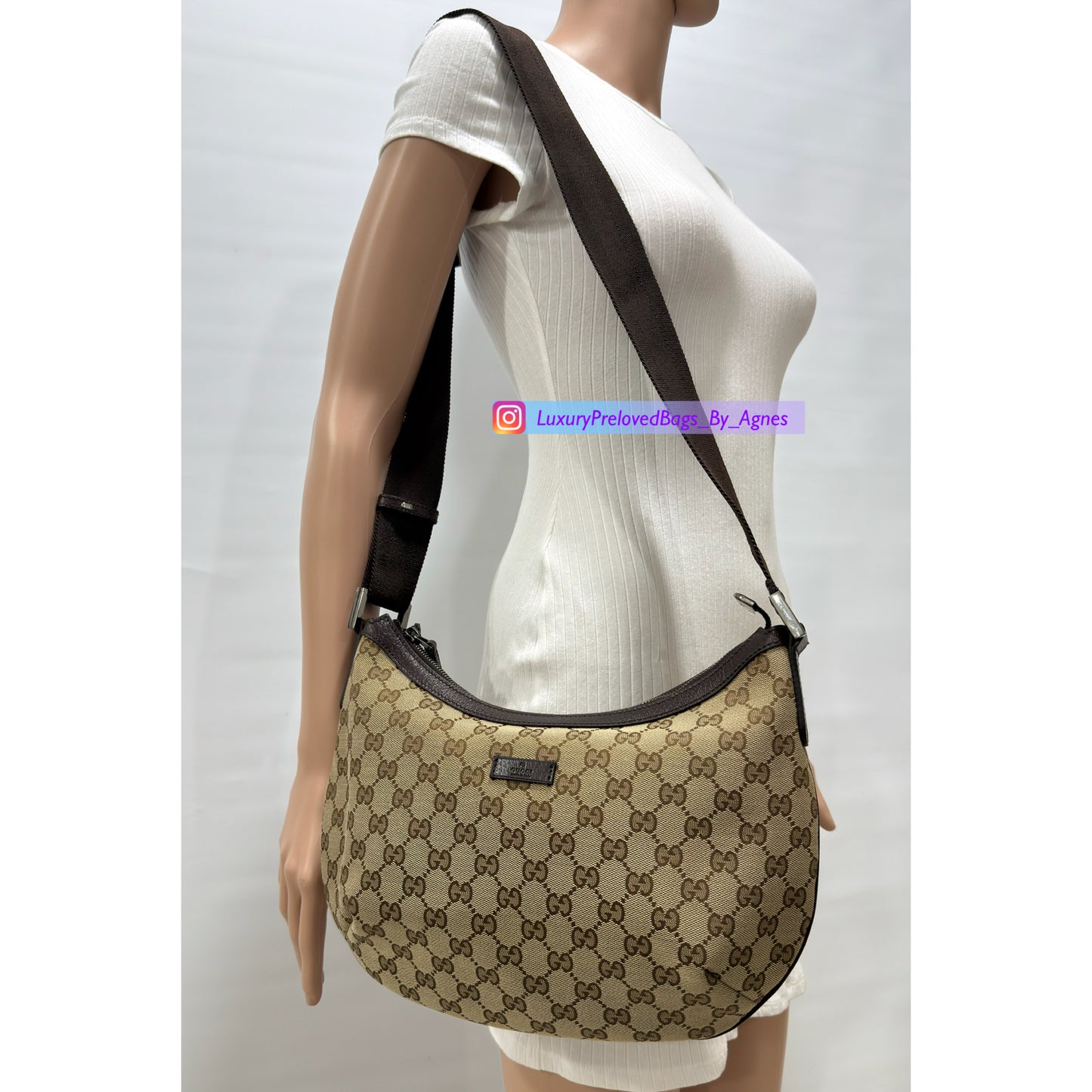 Gucci Monogram Medium Half Moon Hobo Dark Brown