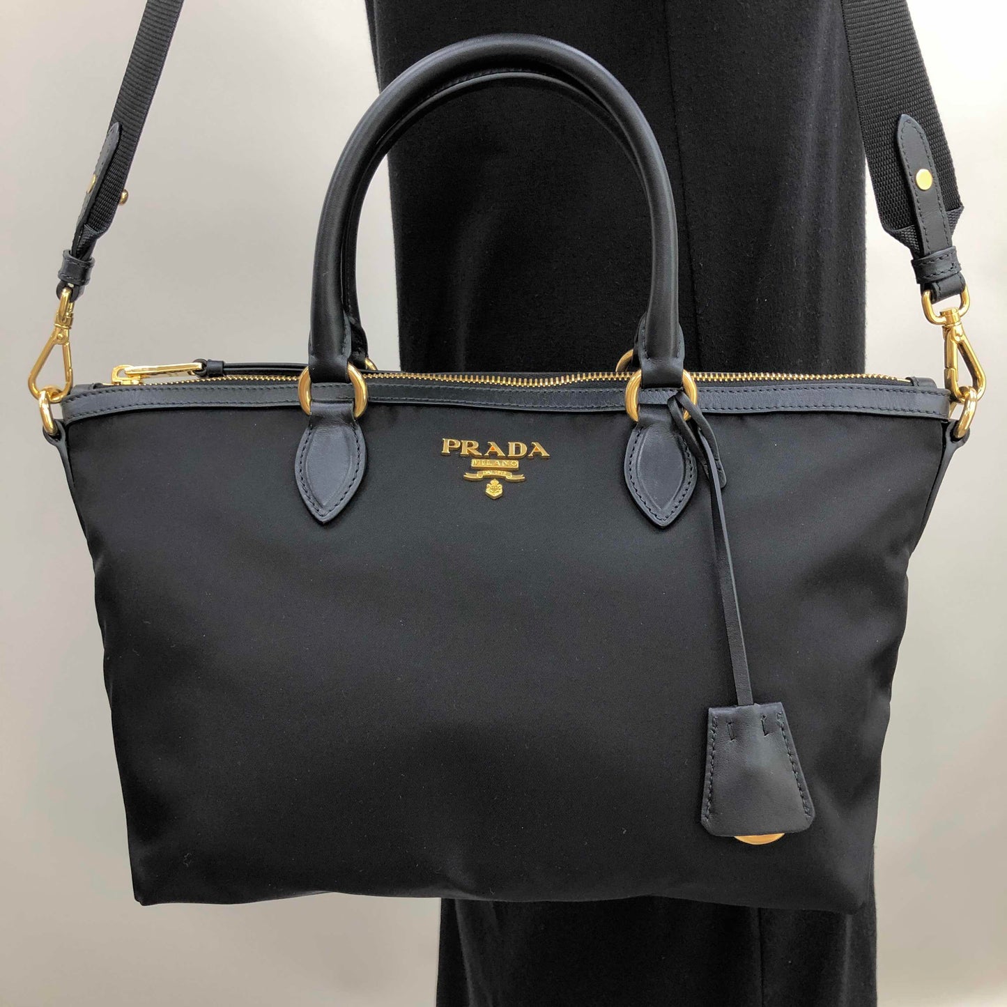 Prada Nylon Tessuto Black Leather Clochette
Crossbody Tote Bag
