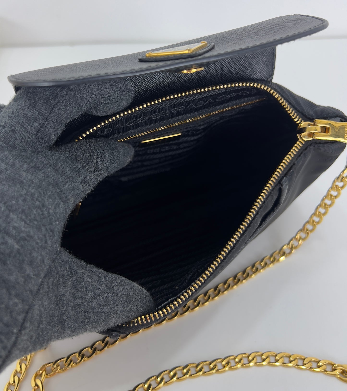 Prada Black Tessuto Nylon Saffiano Chain
