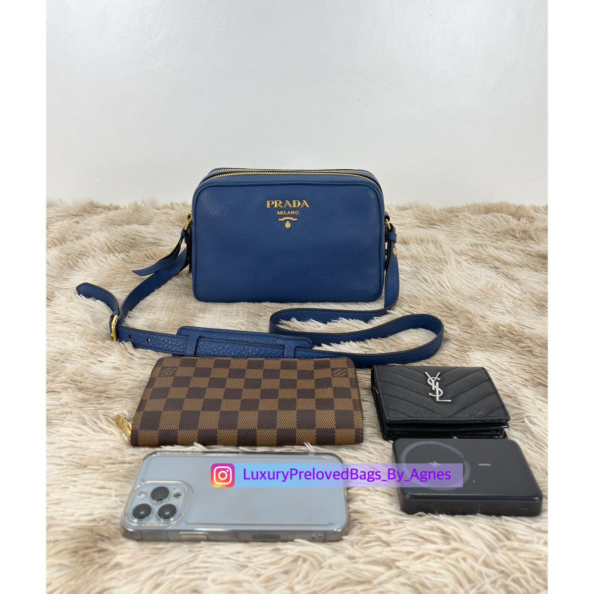 Prada Bluette Vitello Phenix Double Zip Camera Bag