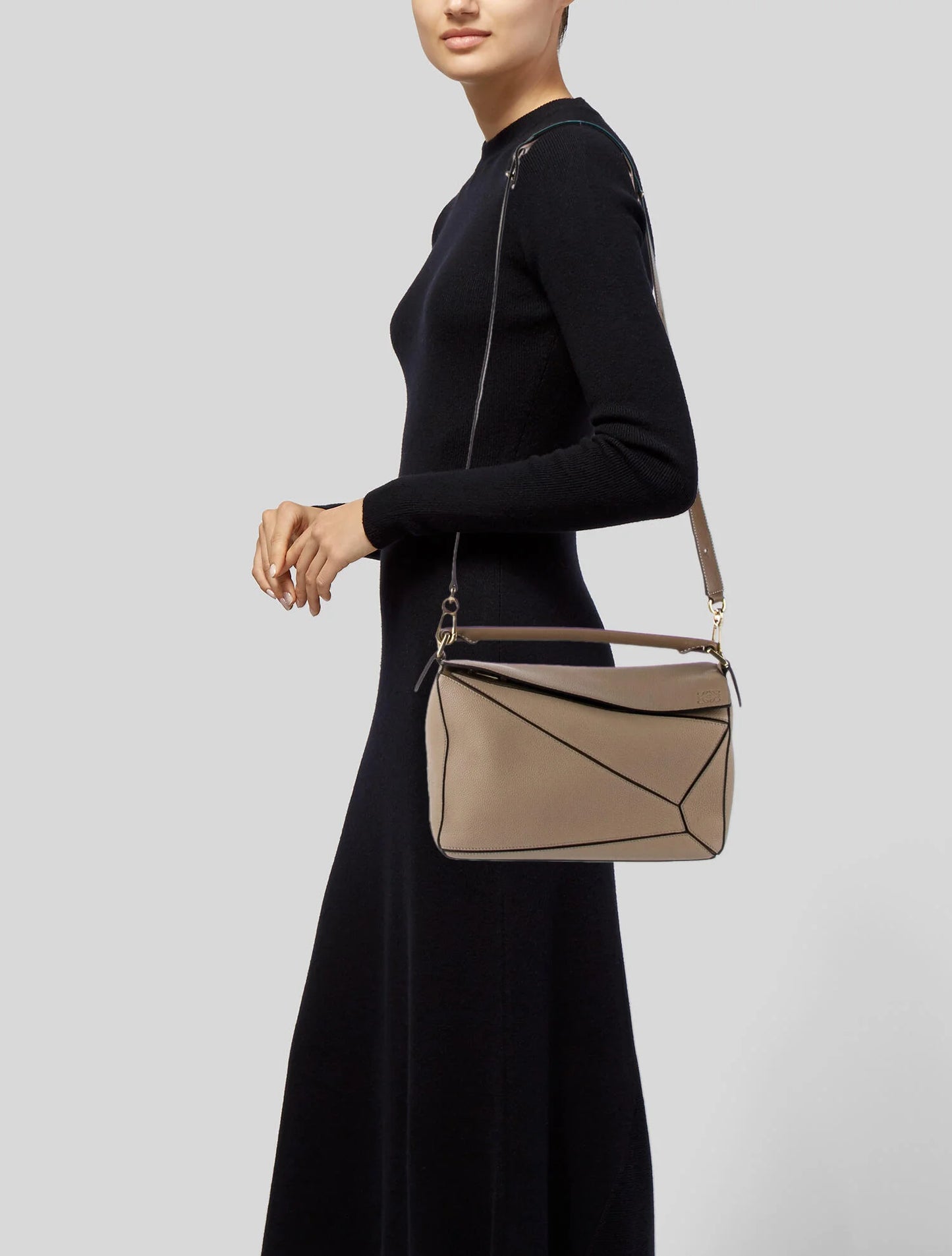 Loewe Grained Calfskin Small Puzzle Bag In Sand And Mink