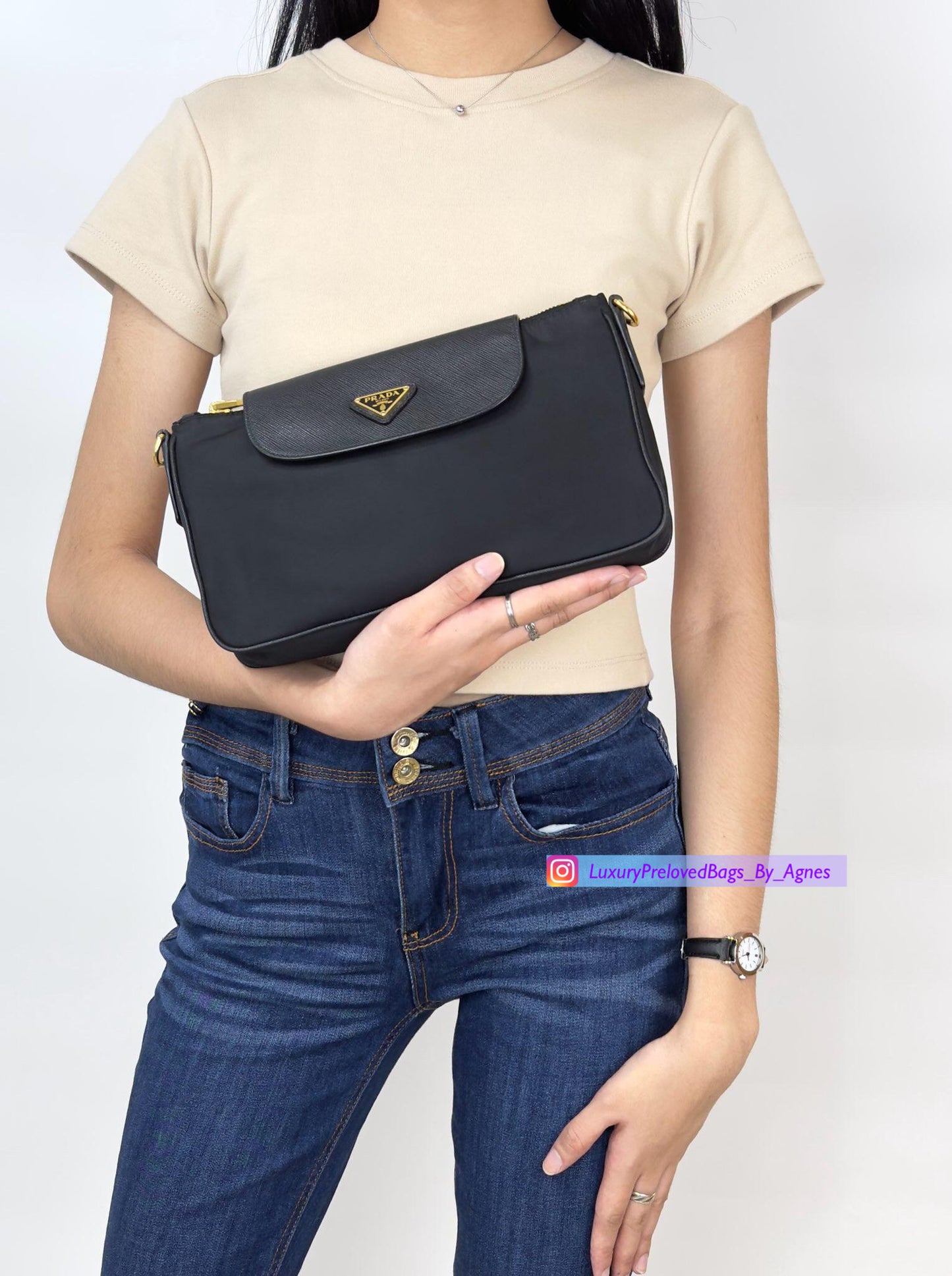 Prada Black Tessuto Nylon Saffiano Chain