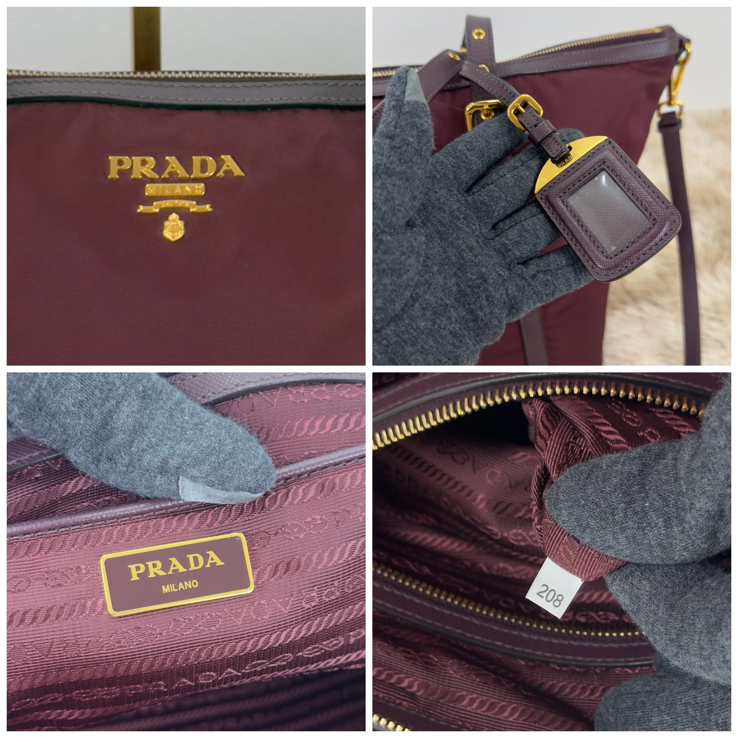 Prada Tessuto Nylon and Saffiano Leather Tote Bag In Burgundy