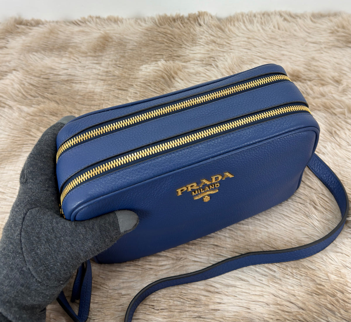 Prada Bluette Vitello Phenix Double Zip Camera Bag