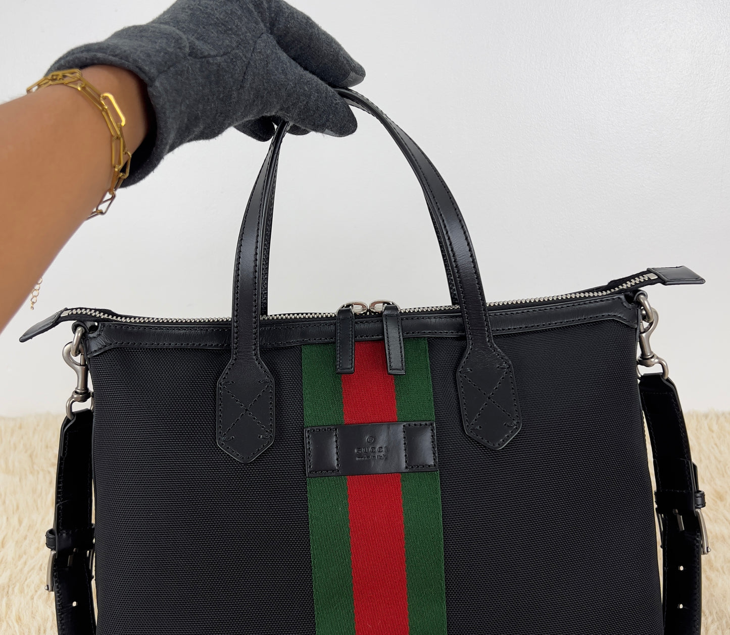 Gucci Black Leather Techno Web Canvas Tote And Shoulder Bag