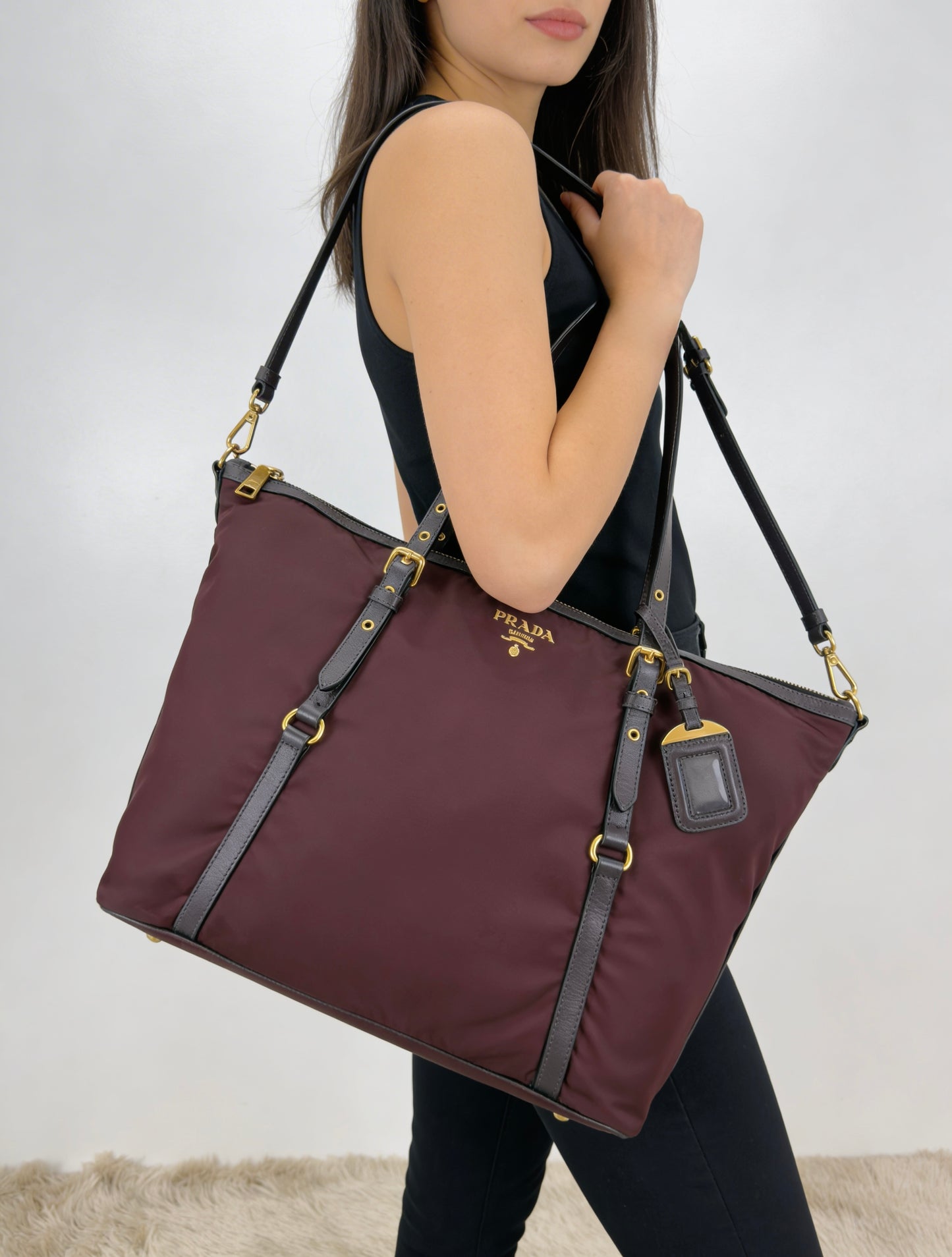 Prada Tessuto Nylon and Saffiano Leather Tote Bag In Burgundy
