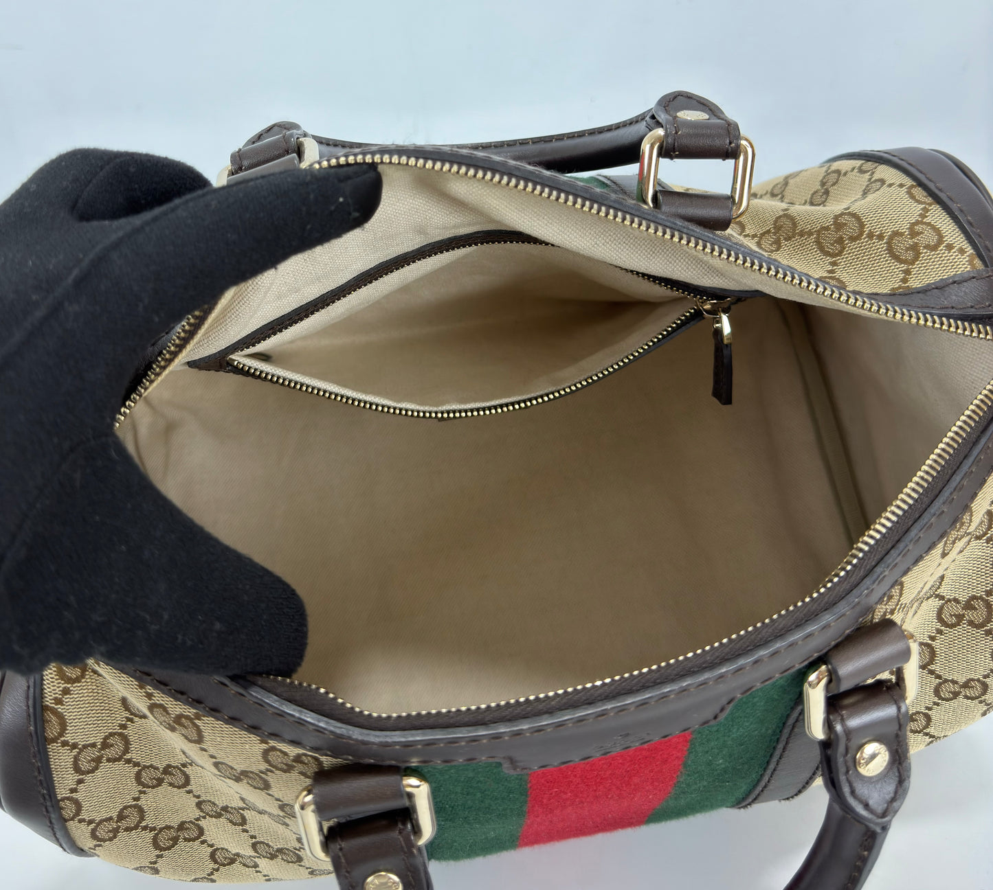 Gucci Brown Monogram Canvas Web Boston Bag