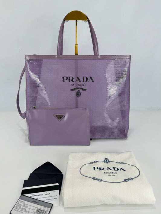 Prada Mesh Paillettes Spazzolato Logo Shopping Tote Lilium