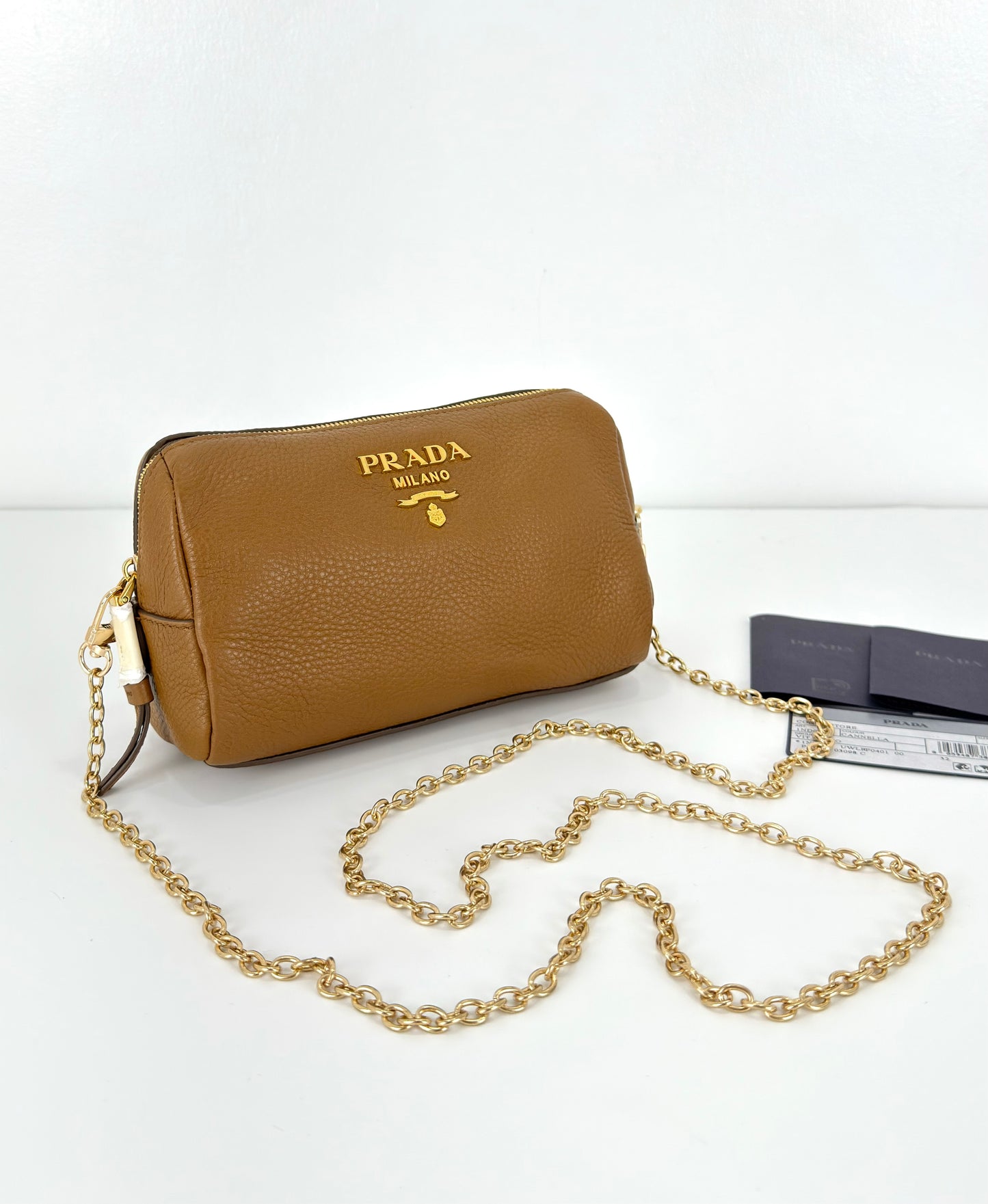 Prada Vitello Daino Canella Brown Leather Cosmetic Pouch