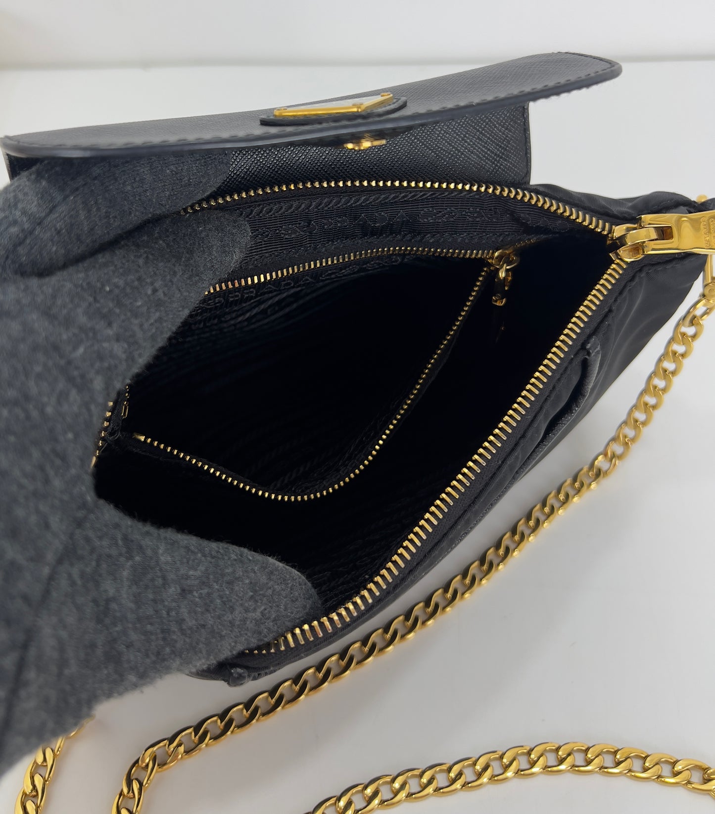 Prada Black Tessuto Nylon Saffiano Chain