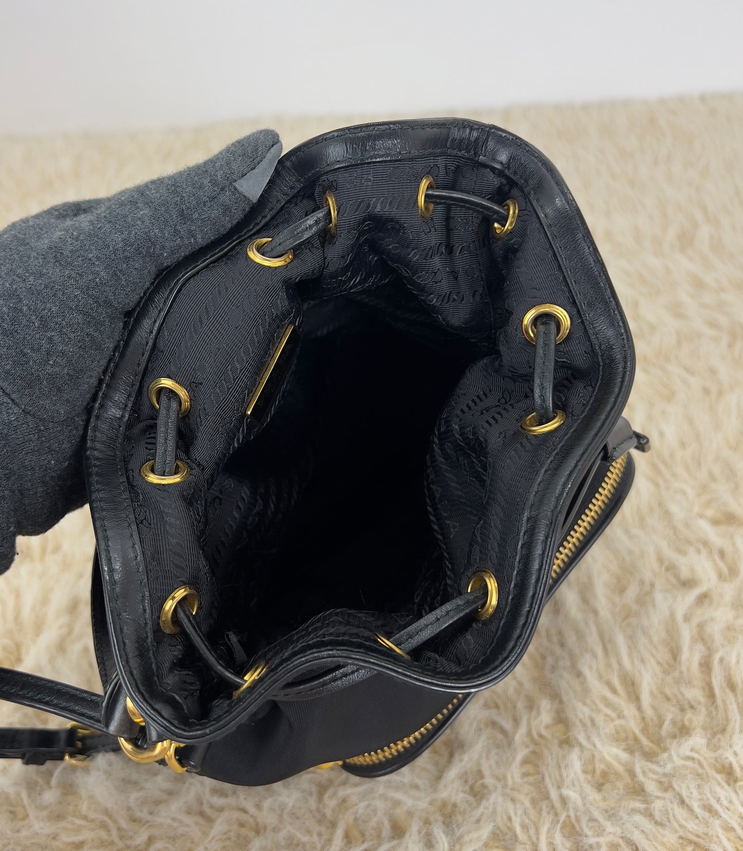 Prada Drawstring Bucket Bag Tessuto