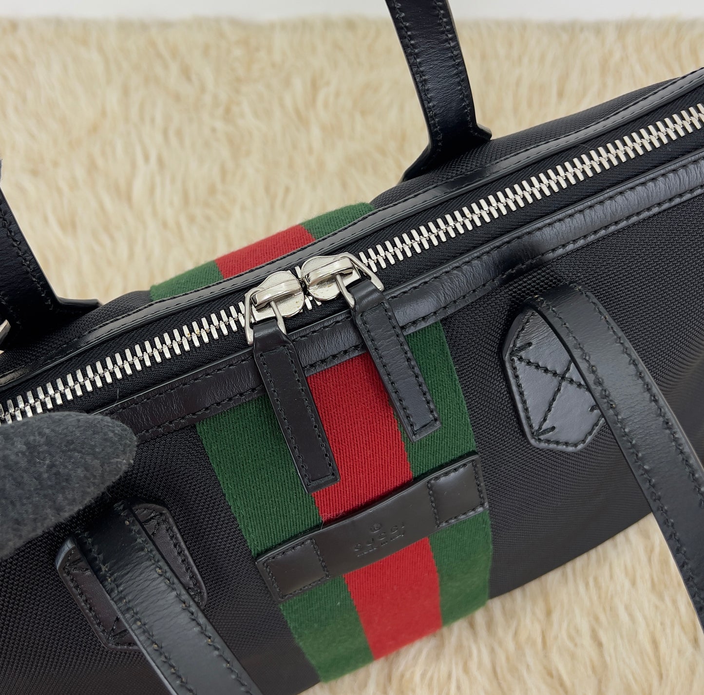 Gucci Black Leather Techno Web Canvas Tote And Shoulder Bag