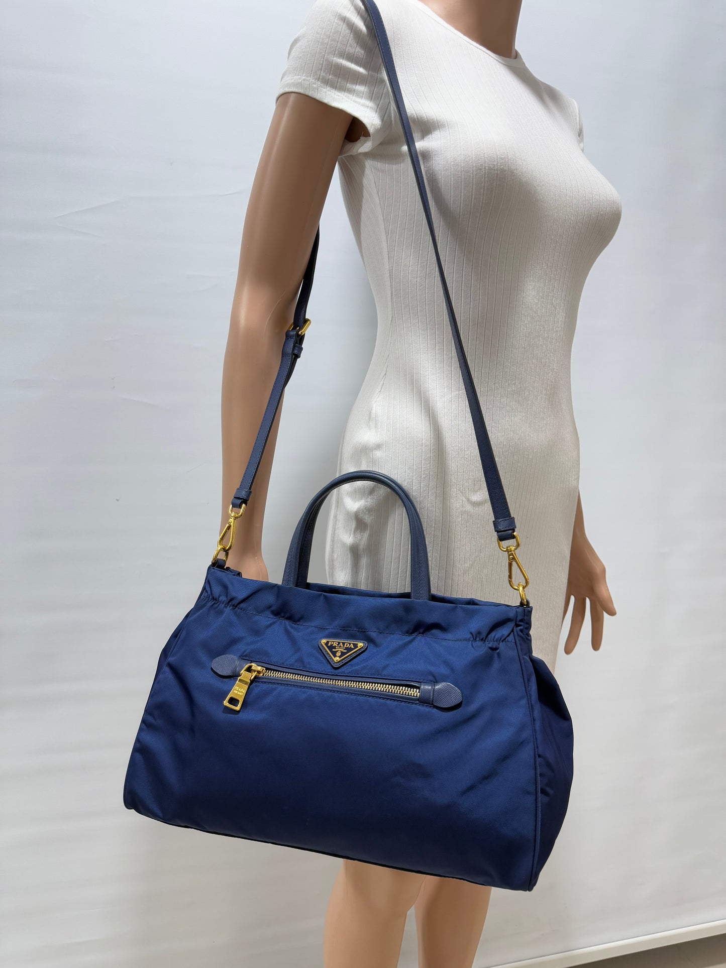 Prada Zip Convertible Tote Tessuto/Saffiano Blue