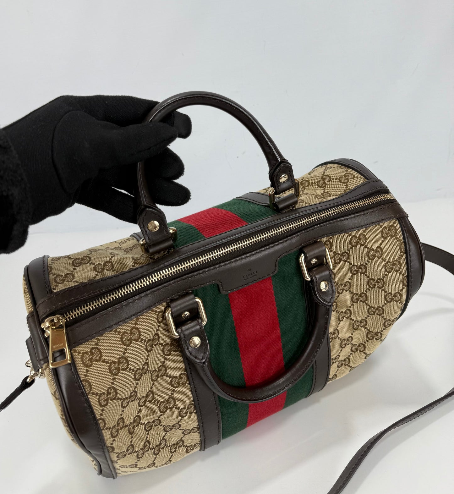 Gucci Brown Monogram Canvas Web Boston Bag