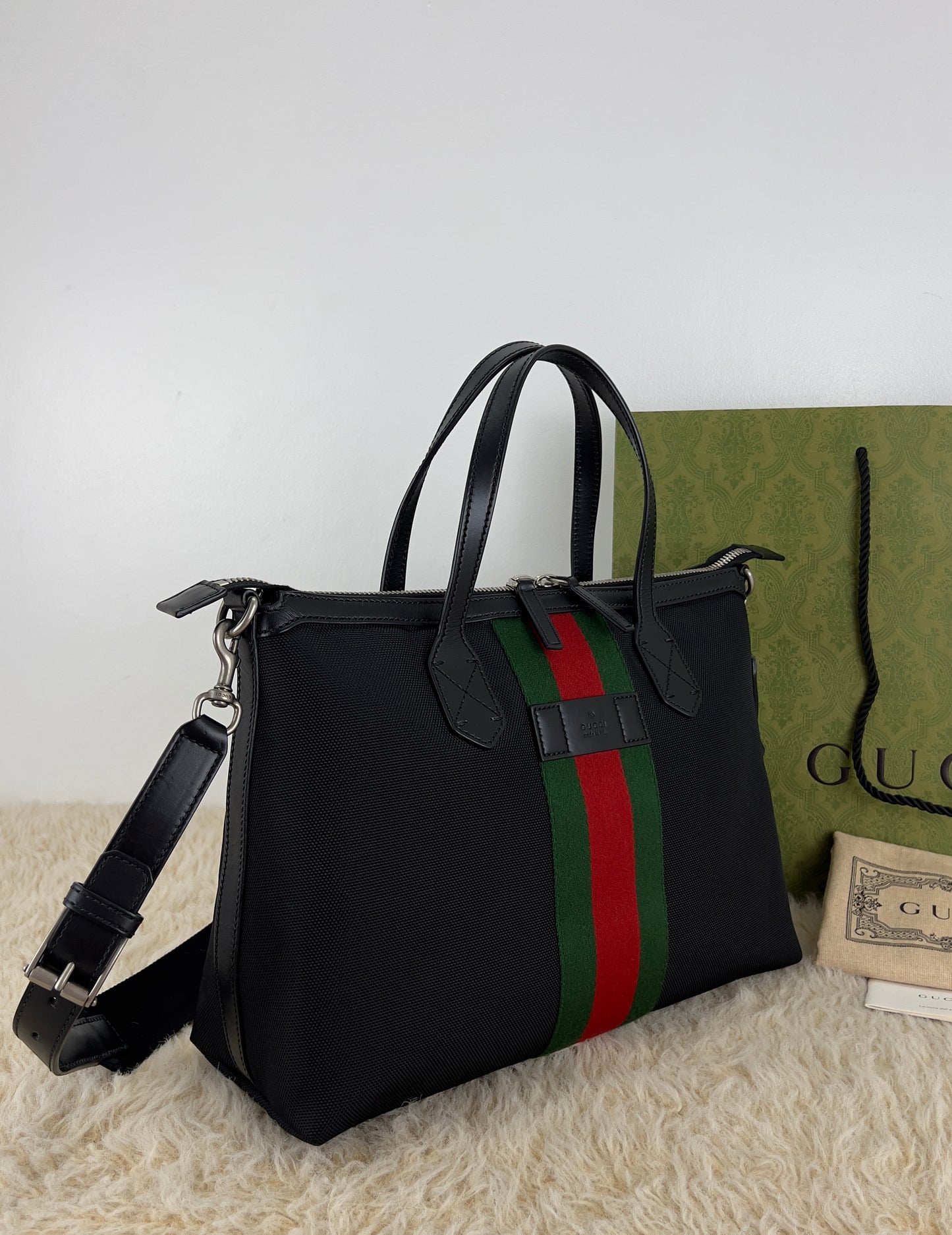 Gucci Black Leather Techno Web Canvas Tote And Shoulder Bag
