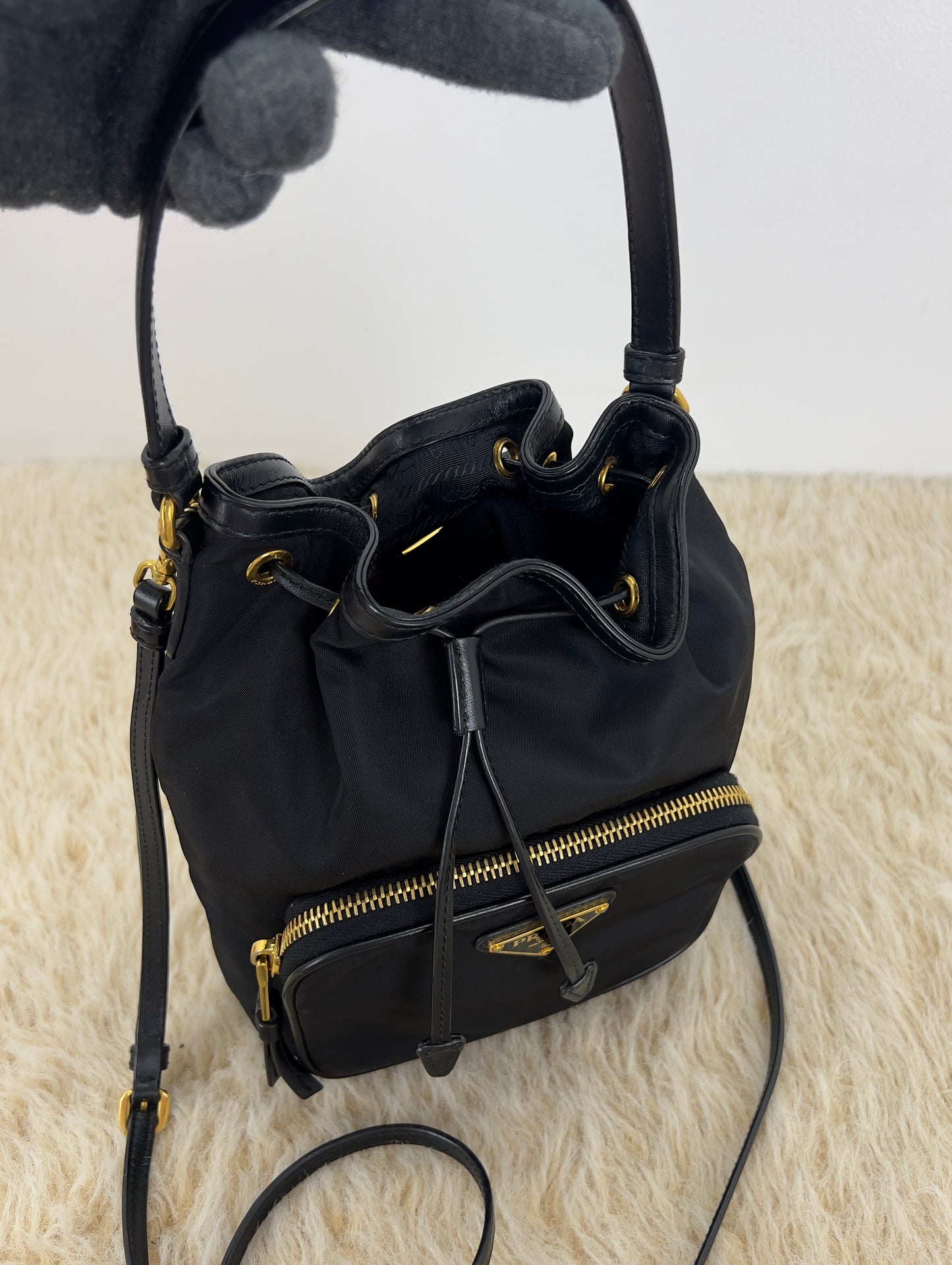 Prada Drawstring Bucket Bag Tessuto