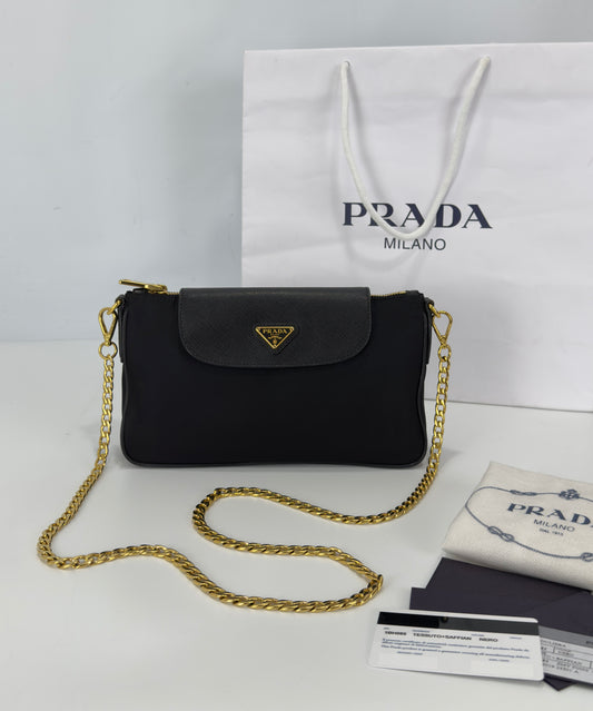 Prada Black Tessuto Nylon Saffiano Chain Crossbody Bag