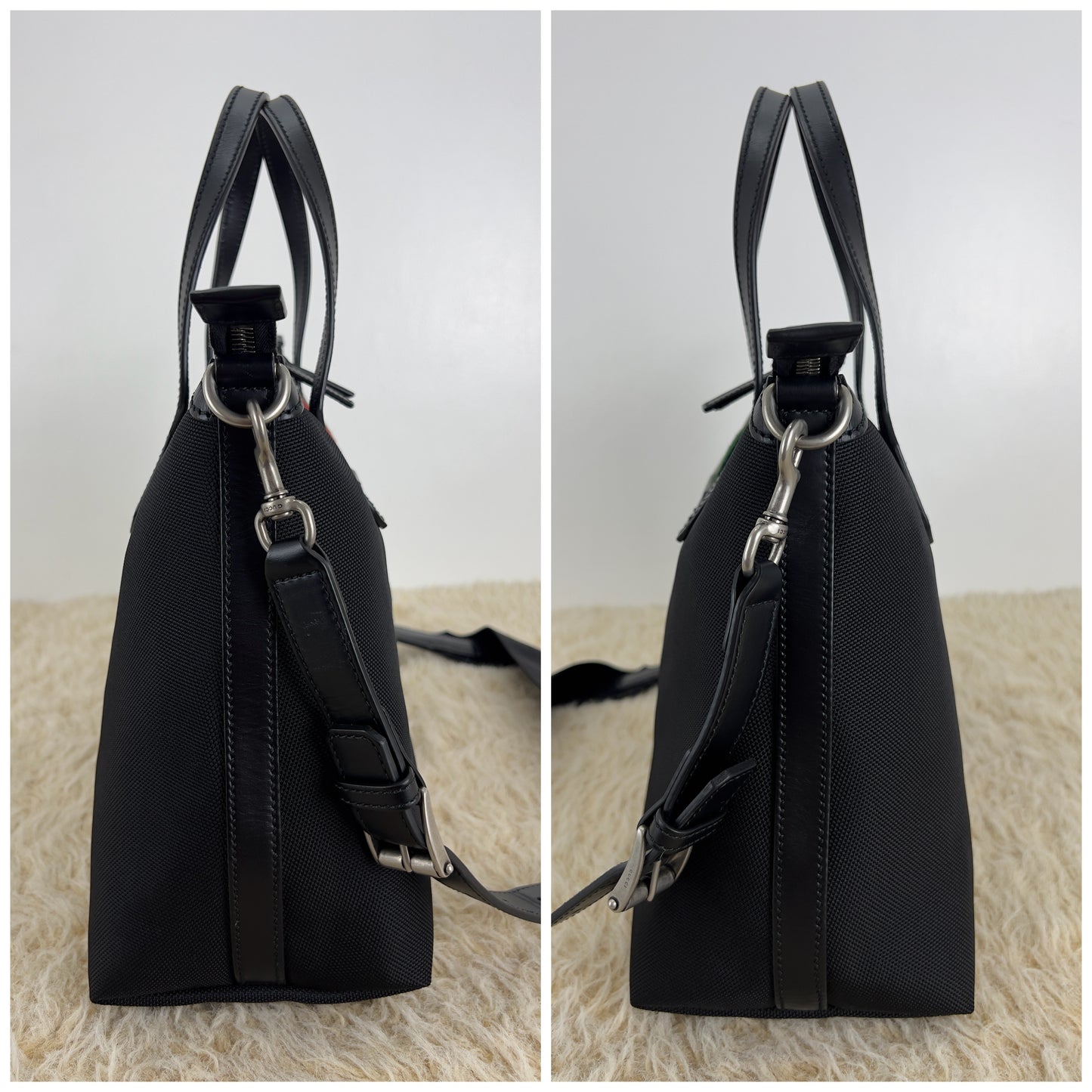 Gucci Black Leather Techno Web Canvas Tote And Shoulder Bag
