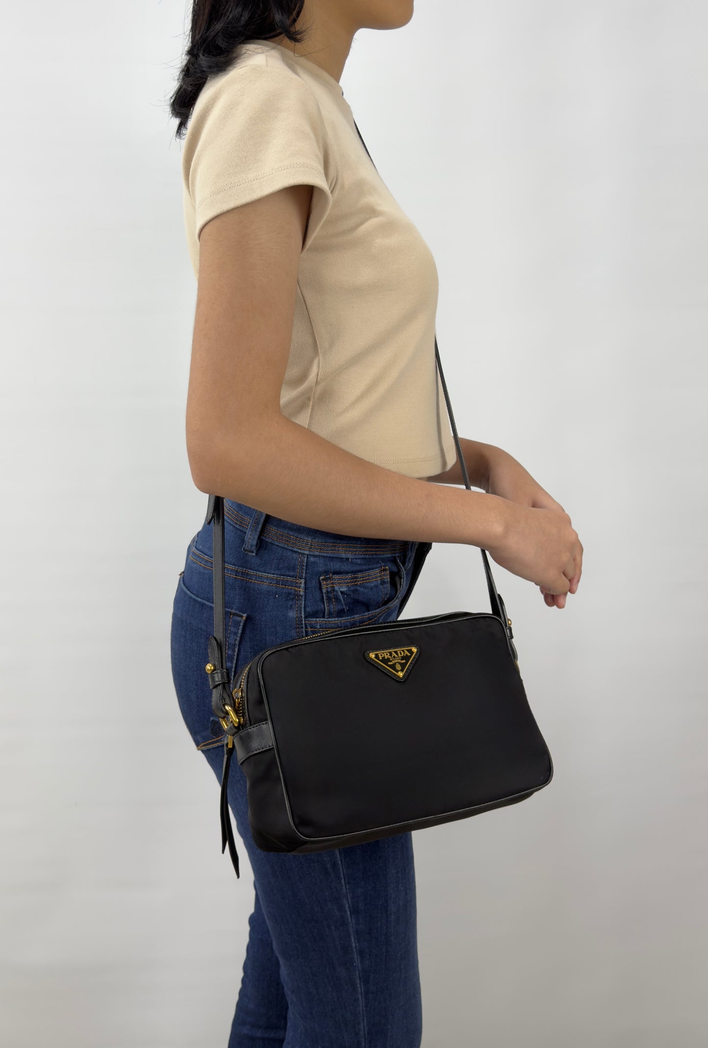 Prada Leather Zip Top Camera Crossbody Bag