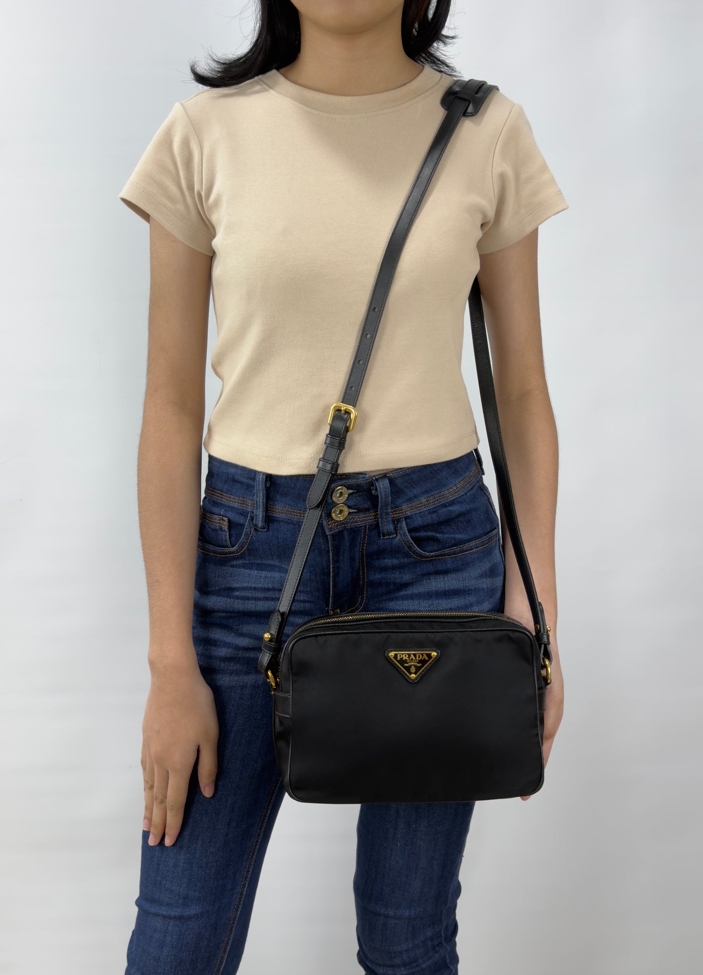 Prada Leather Zip Top Camera Crossbody Bag