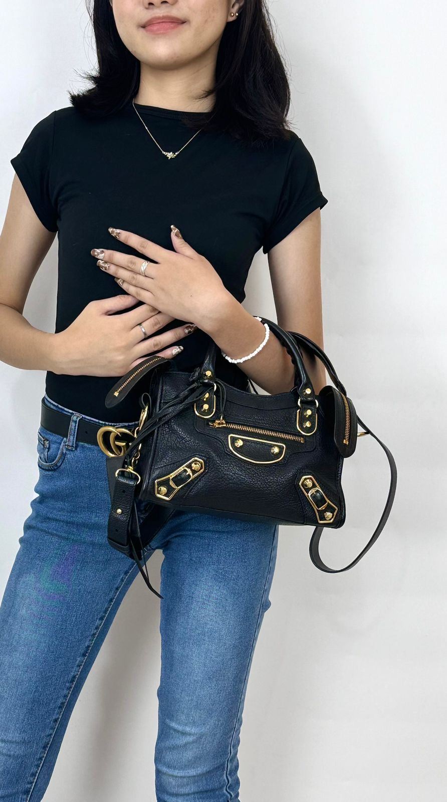 Balenciaga Black Leather Mini Classic Metallic Edge City Bag