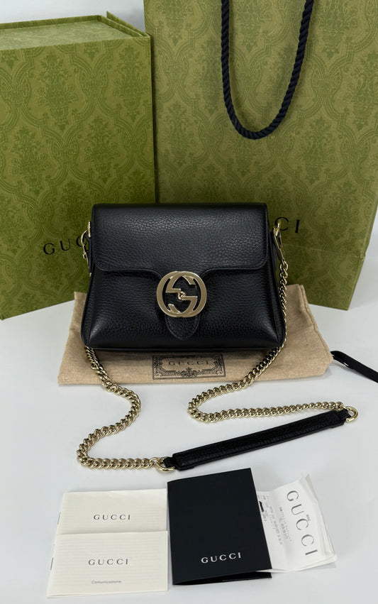 Gucci Interlocking G Black Leather Chain Shoulder Bag