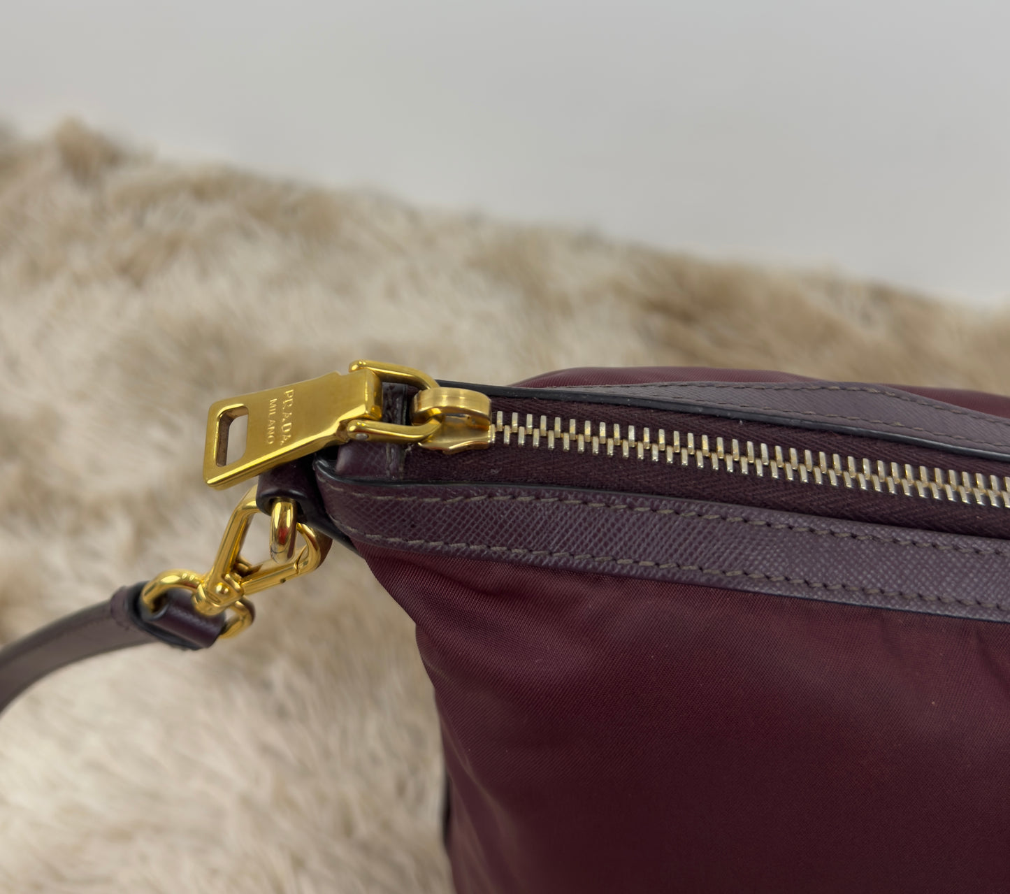 Prada Tessuto Nylon and Saffiano Leather Tote Bag In Burgundy