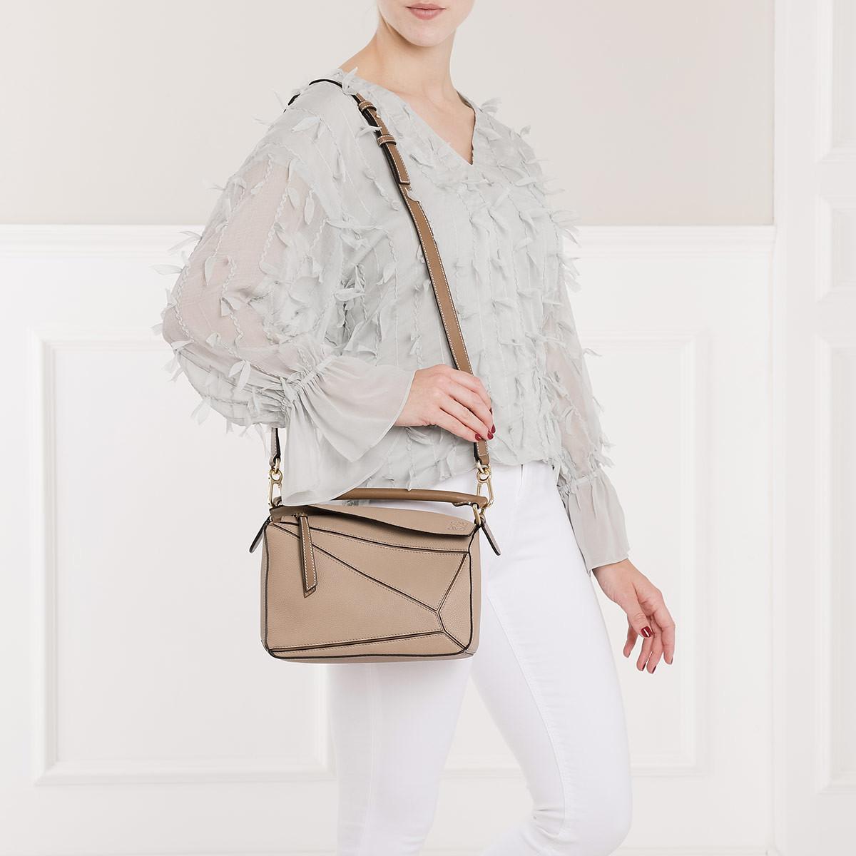 Loewe Grained Calfskin Small Puzzle Bag In Sand And Mink
