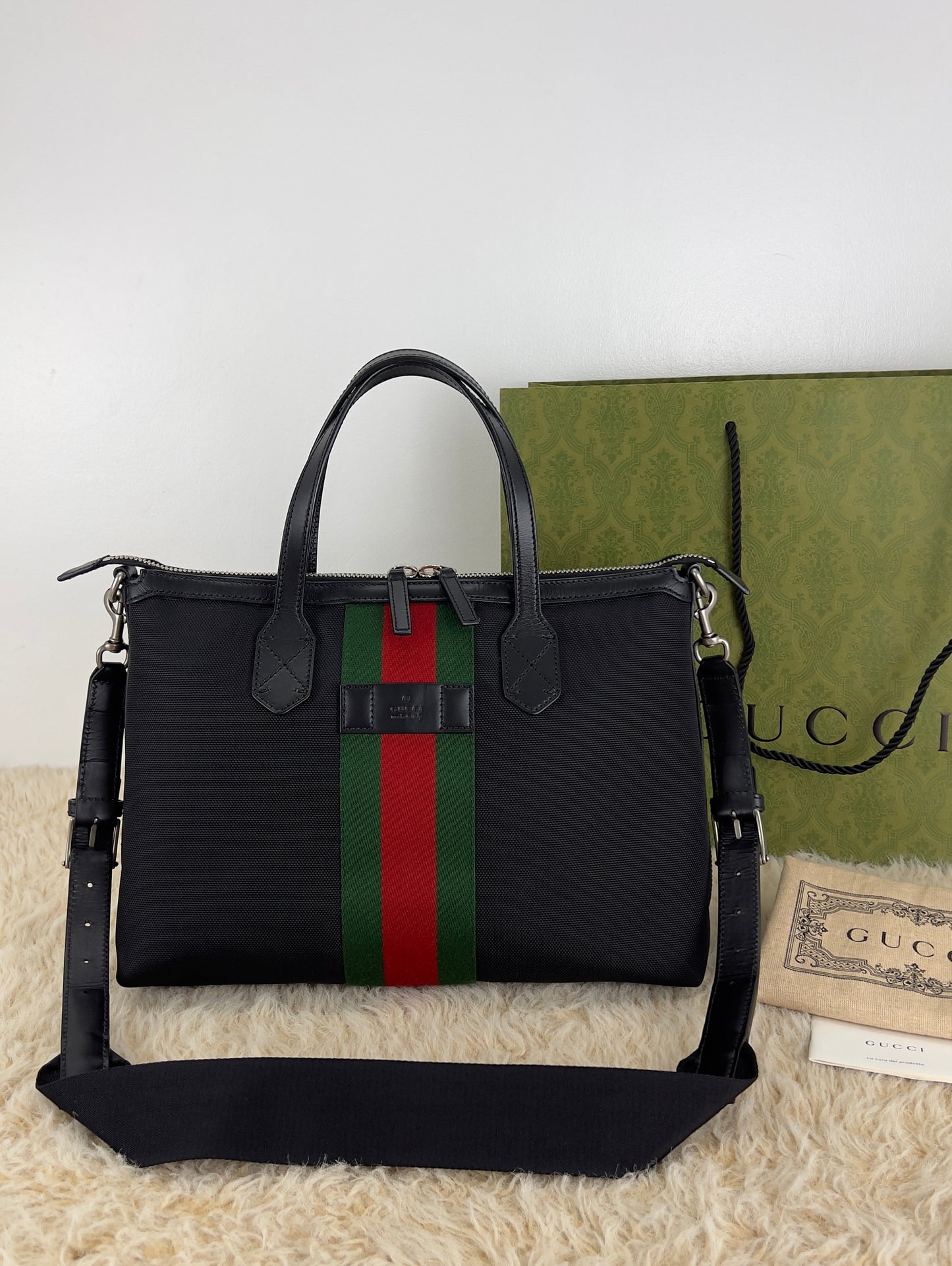Gucci Black Leather Techno Web Canvas Tote And Shoulder Bag