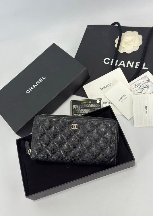 Chanel Caviar Quilted Large Gusset Zip Around Wallet Black