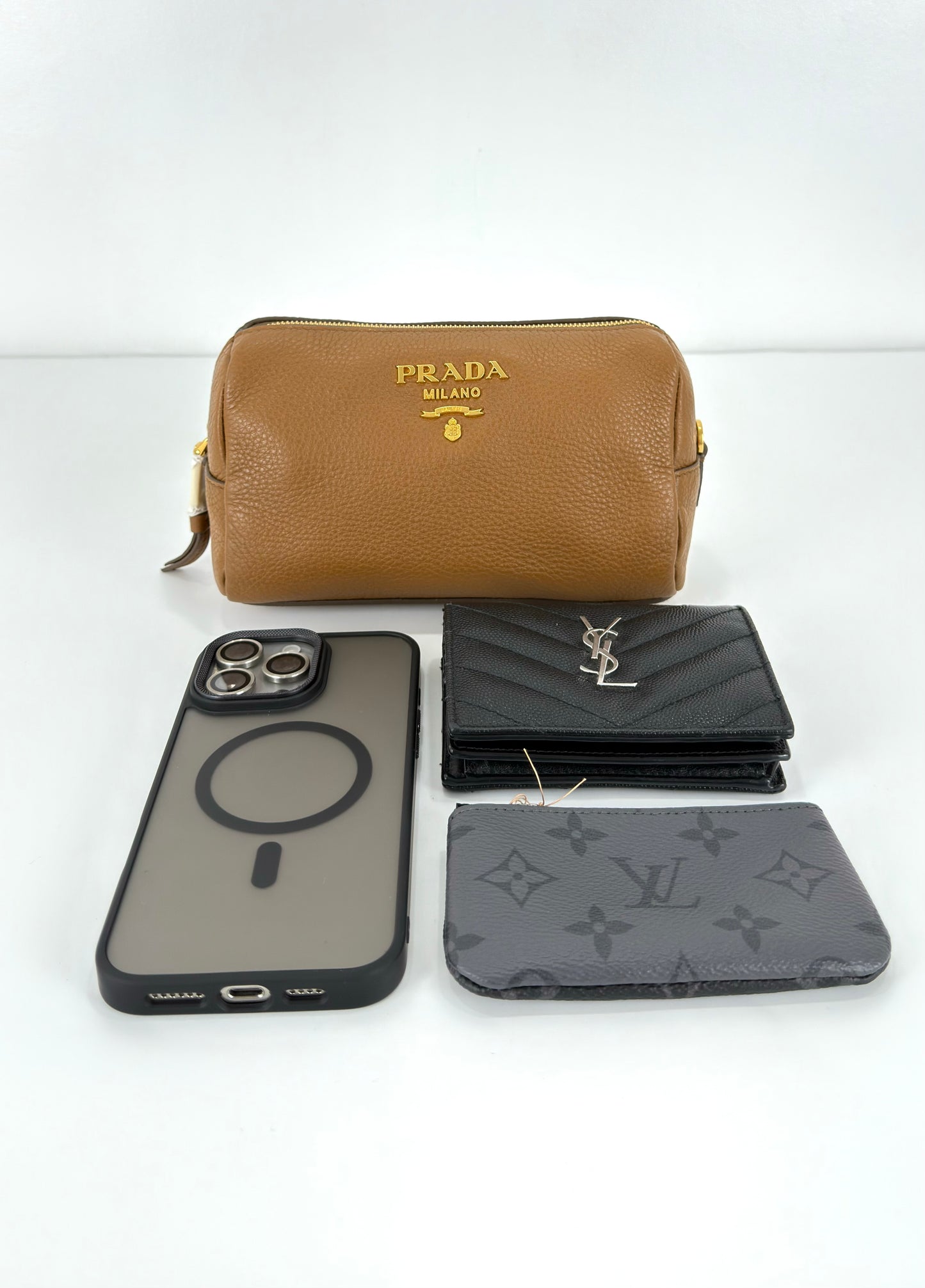 Prada Vitello Daino Canella Brown Leather Cosmetic Pouch