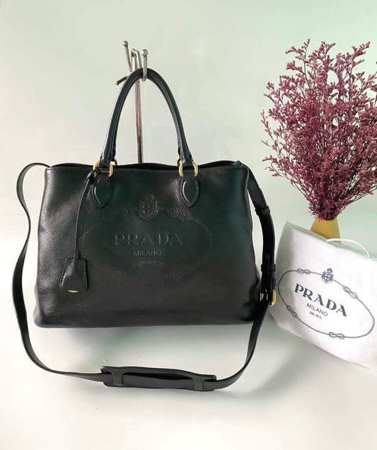 Prada Glace Calfskin Embossed Logo Tote Black