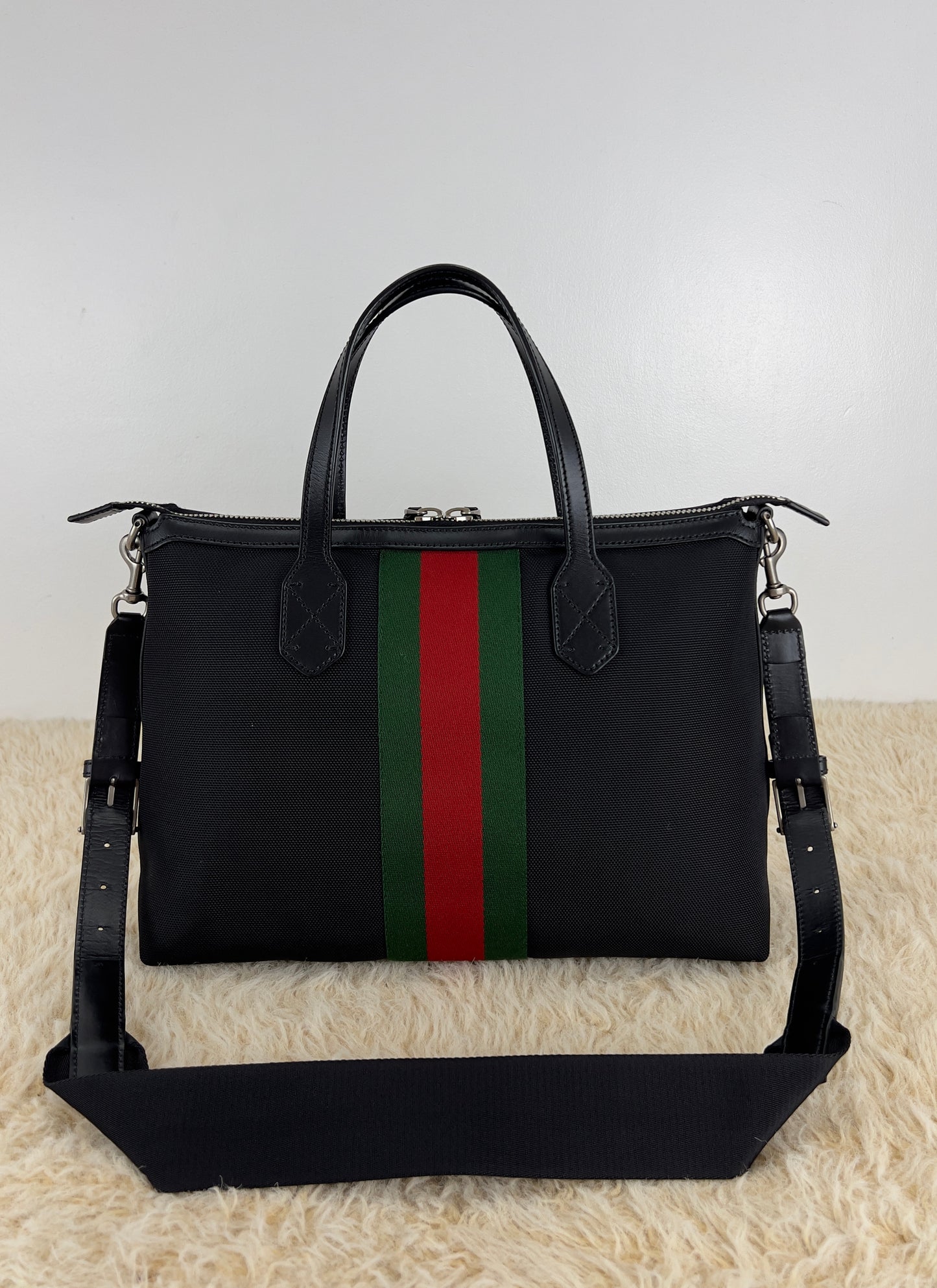 Gucci Black Leather Techno Web Canvas Tote And Shoulder Bag